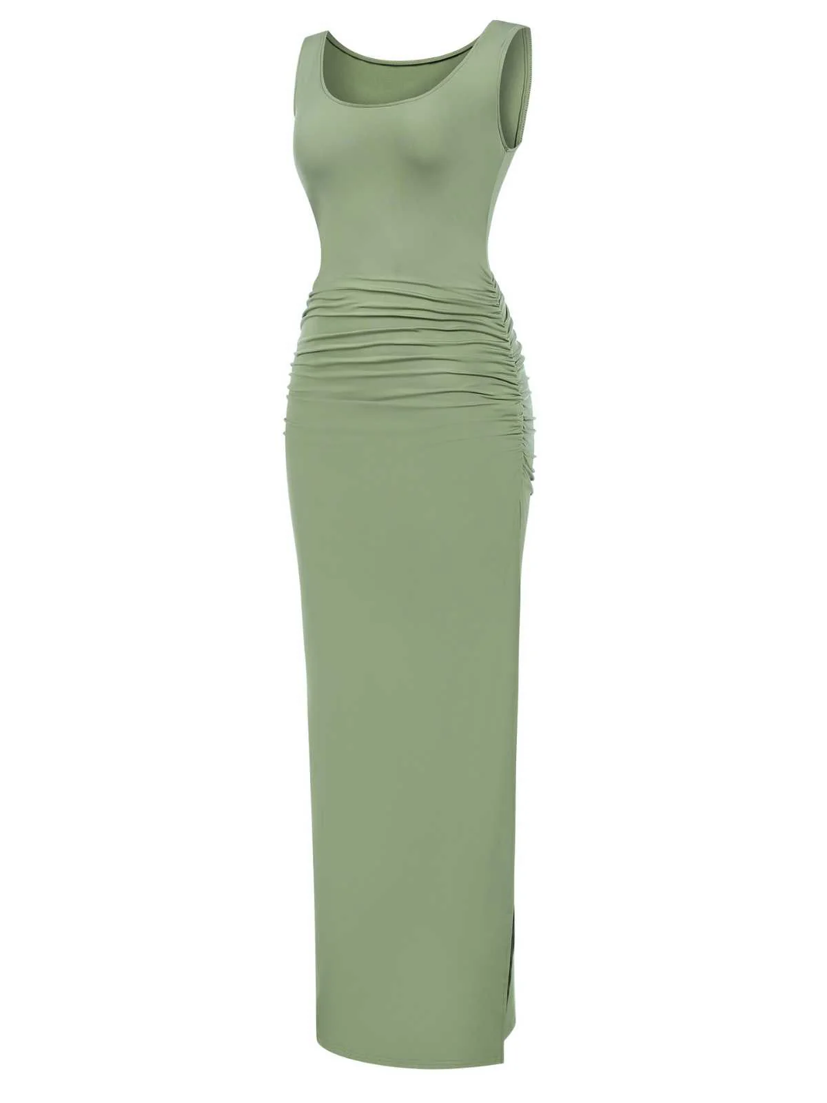 1930s Solid Square Neck Split Ruched Dress - Image 7