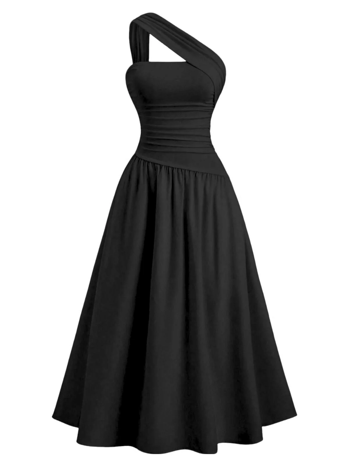 1930s Solid Surplice One-Shoulder Waist Ruched Dress - Image 4