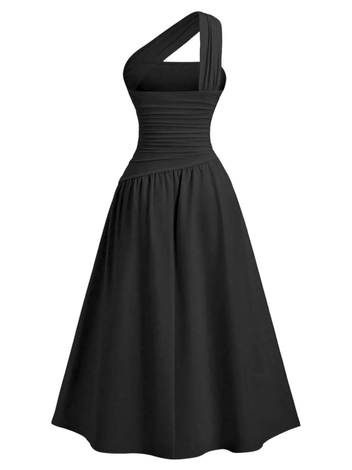 1930s Solid Surplice One-Shoulder Waist Ruched Dress - Image 5