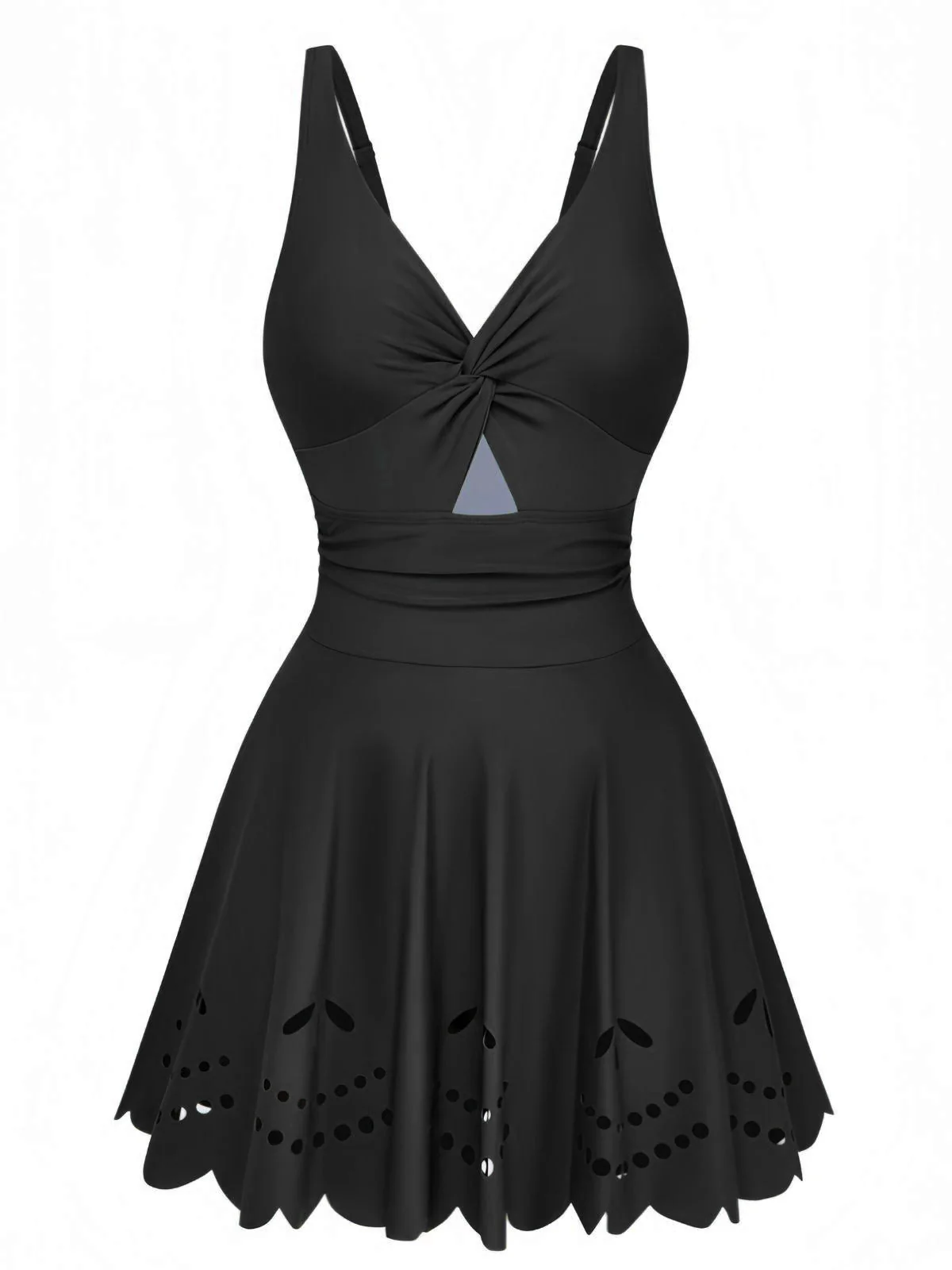 1930s Solid Twist Front Hollow One-Piece Swimdress - Image 2