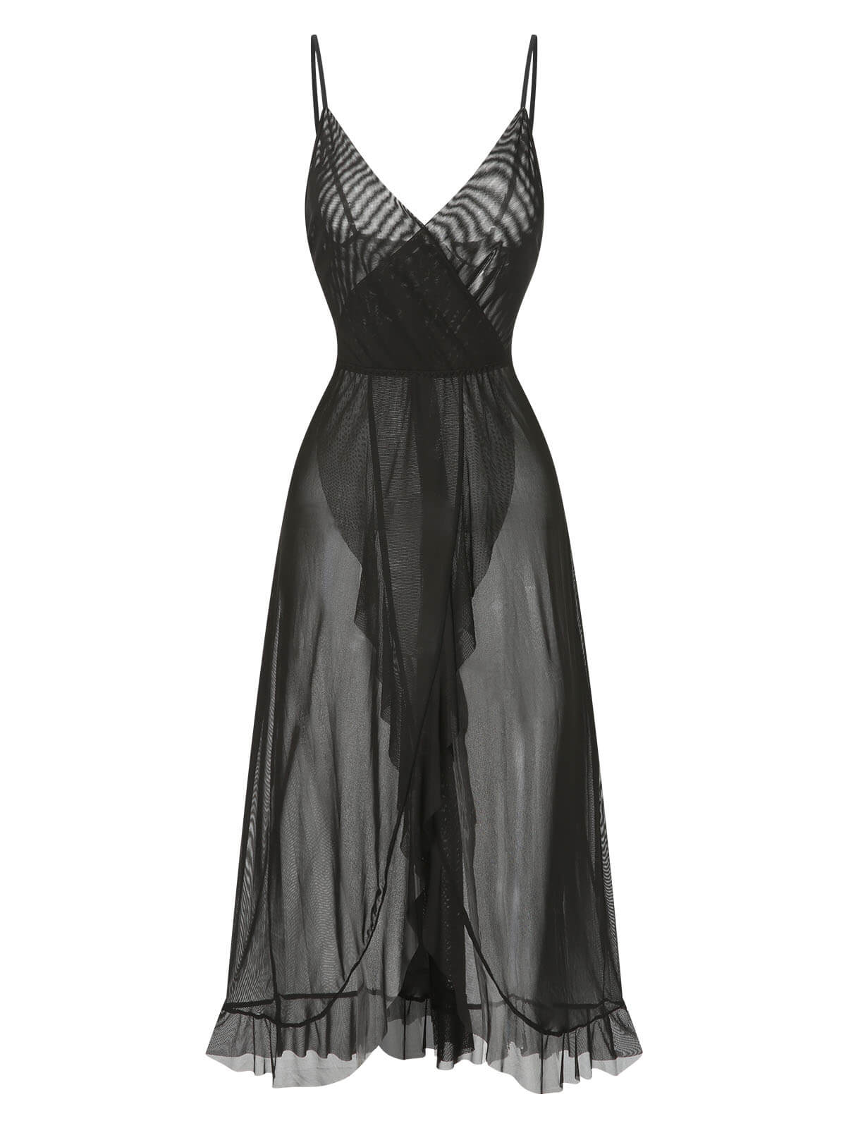 1930s Solid V-Neck Ruffle Sheer Nightgown - Image 4