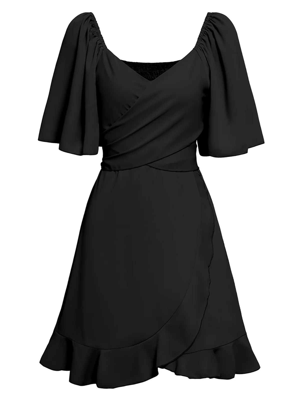 1930s Solid V-Neck Waist Ruffle Dress - Image 7