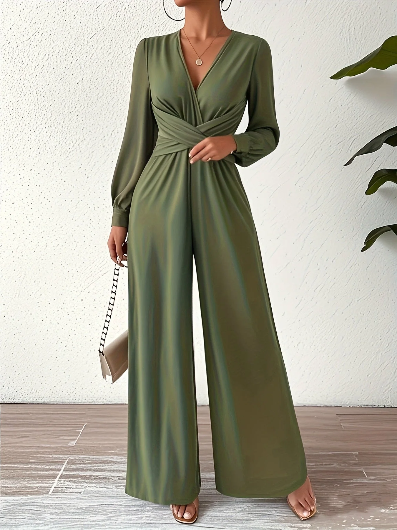 1930s Solid Wrap Front Long Sleeve Jumpsuit - Image 2