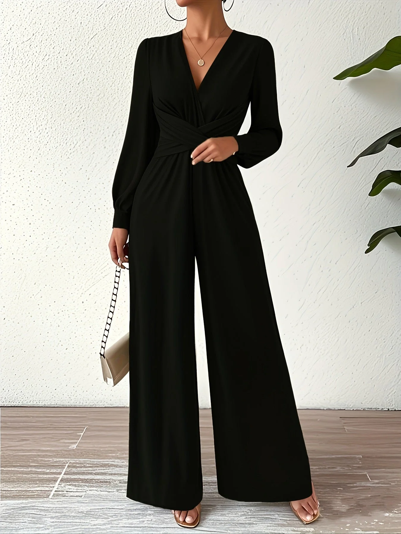 1930s Solid Wrap Front Long Sleeve Jumpsuit - Image 6