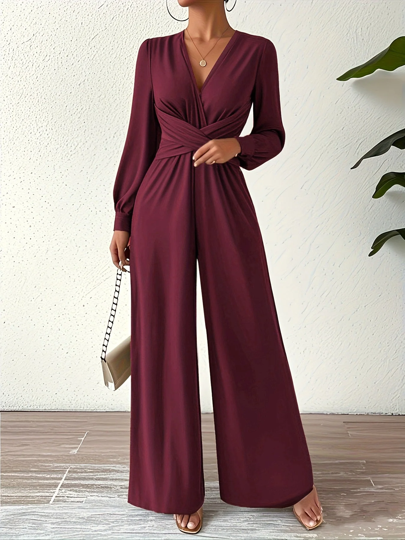 1930s Solid Wrap Front Long Sleeve Jumpsuit - Image 9