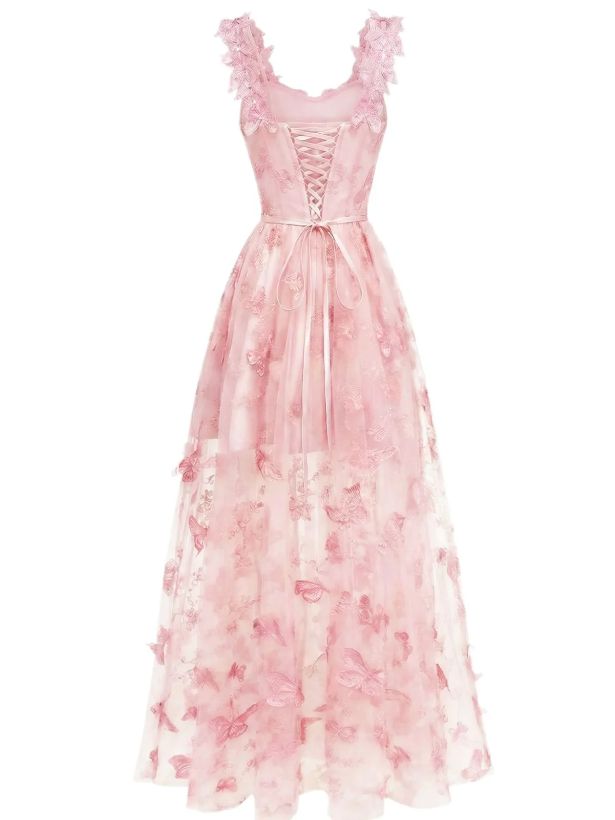 1930s Spaghetti Strap 3D Butterflies Mesh Maxi Dress - Image 7