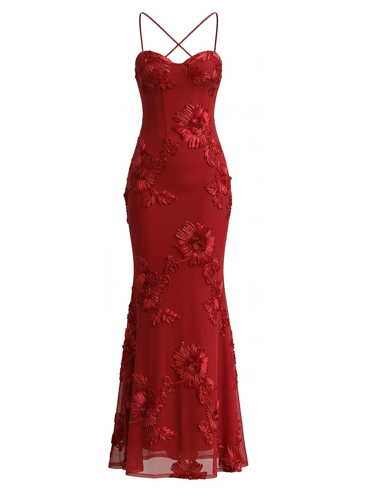 1930s Spaghetti Strap 3D Floral Maxi Mermaid Dress - Image 12
