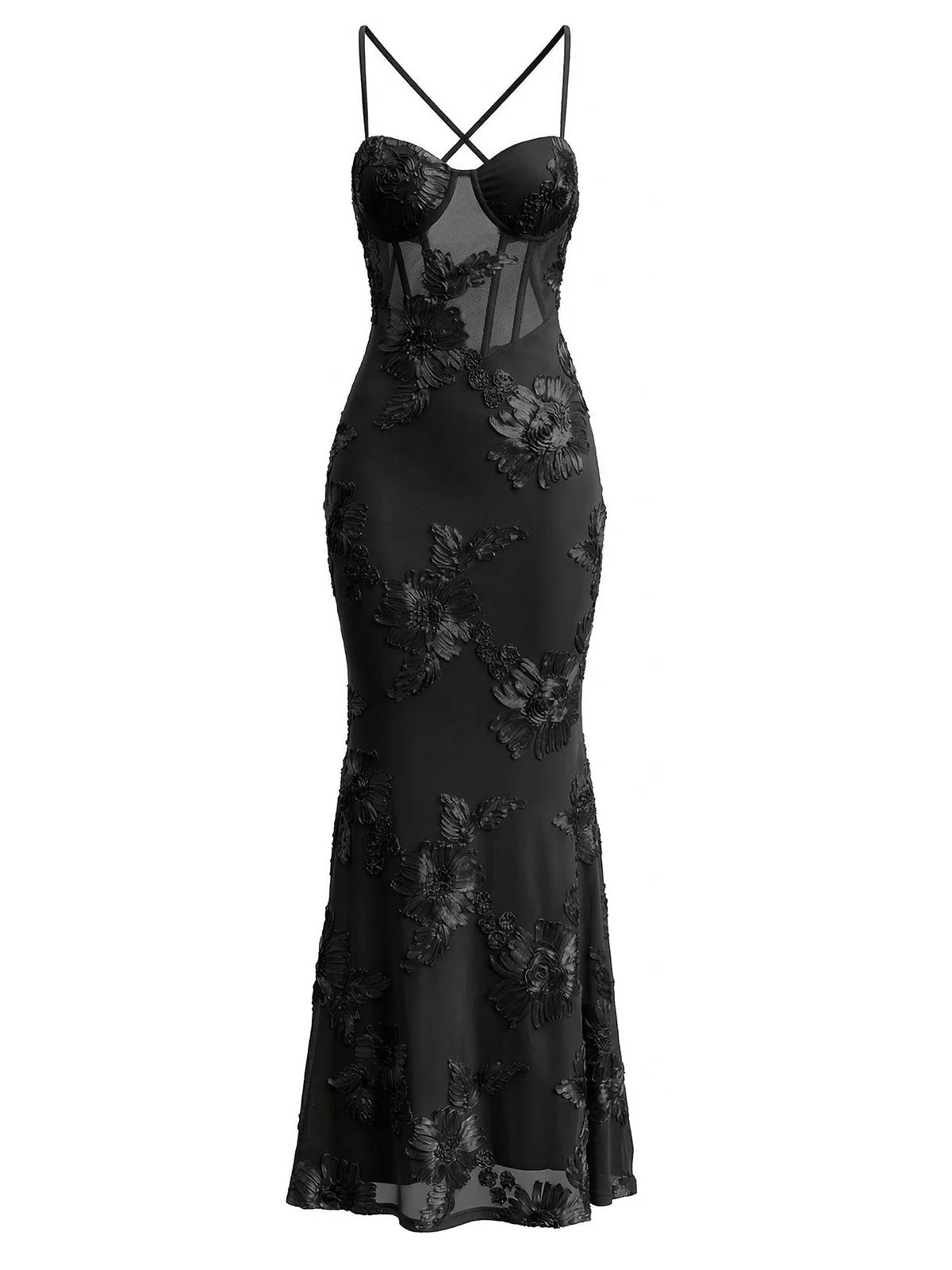 1930s Spaghetti Strap 3D Floral Maxi Mermaid Dress - Image 6