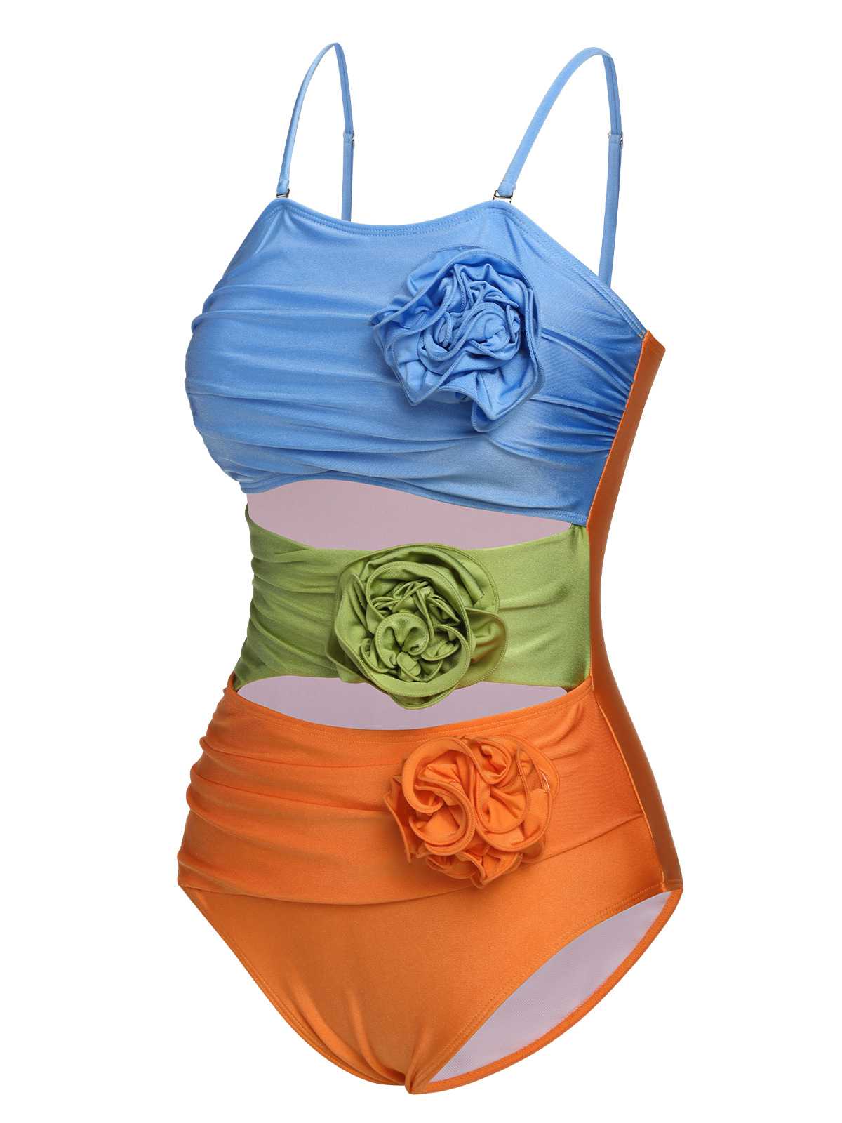1930s Spaghetti Strap Contrast 3D Flower One-Piece Swimsuit - Image 2