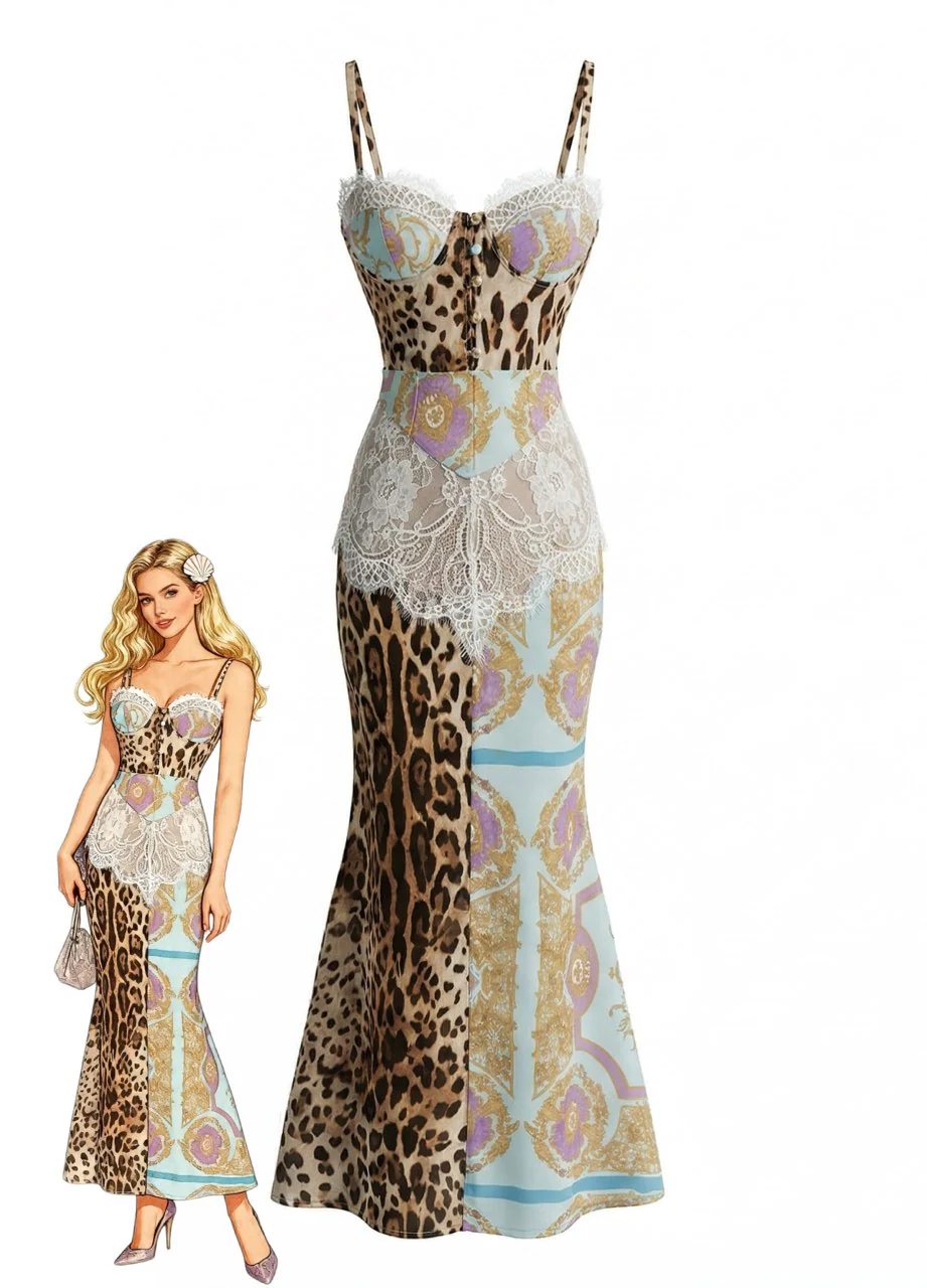 1930s Spaghetti Strap Leopard Baroque Print Lace Dress