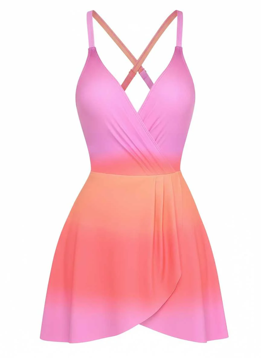 1930s Spaghetti Strap Ombre One-Piece Swimdress - Image 2