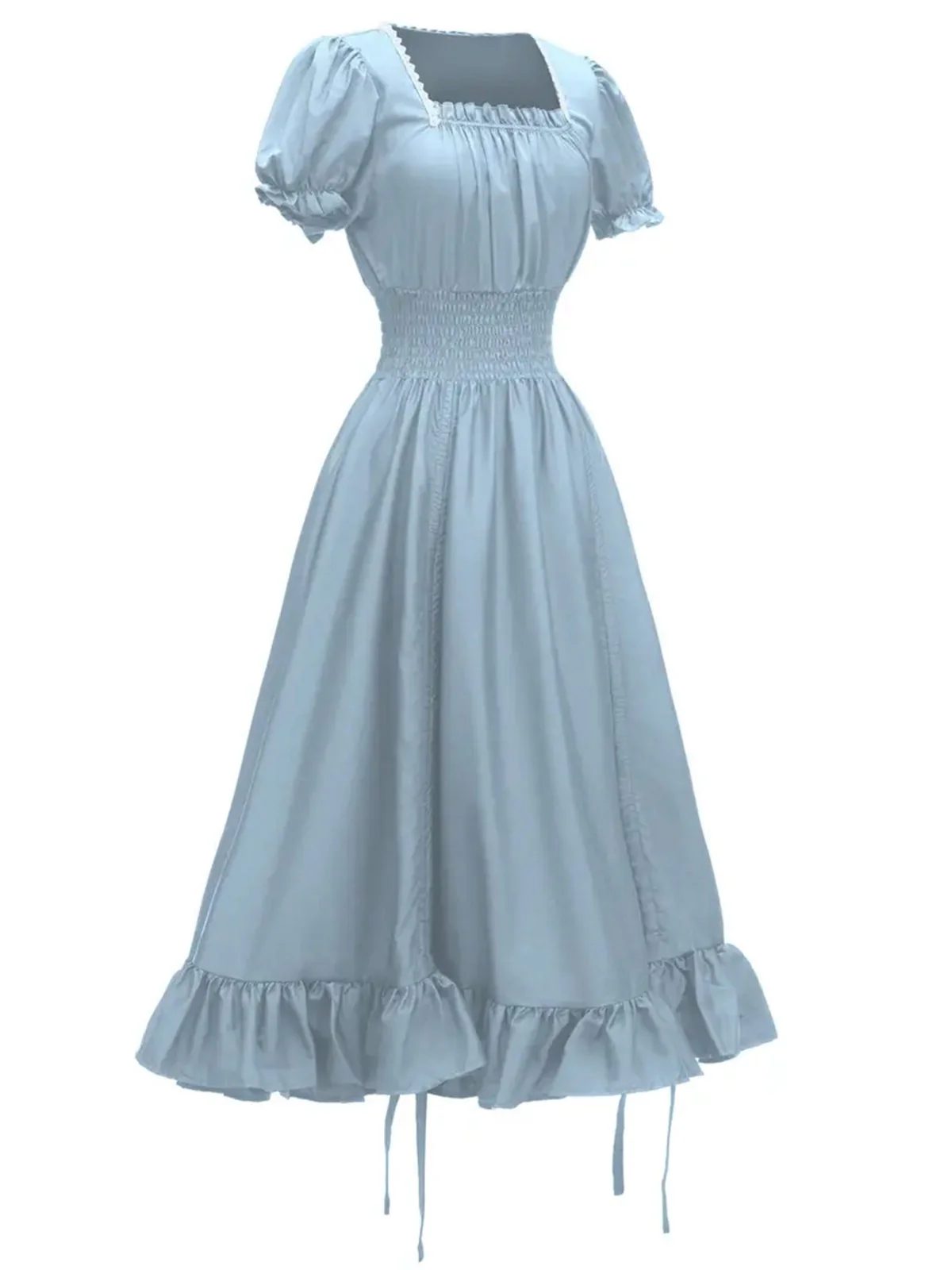 1930s Square Neck Wrinkles Puff Sleeves Dress - Image 13