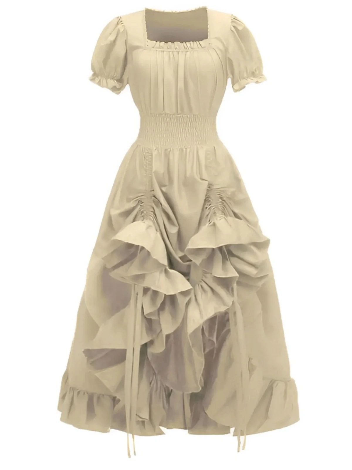1930s Square Neck Wrinkles Puff Sleeves Dress - Image 2
