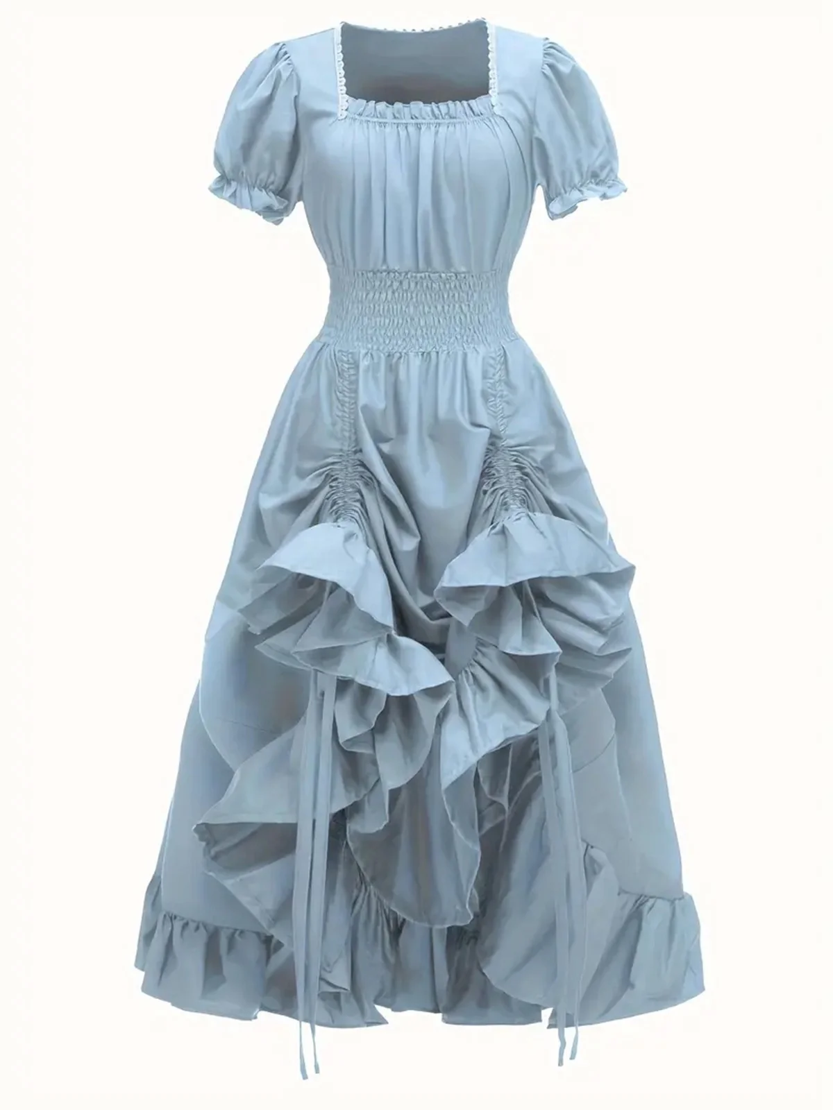 1930s Square Neck Wrinkles Puff Sleeves Dress - Image 3