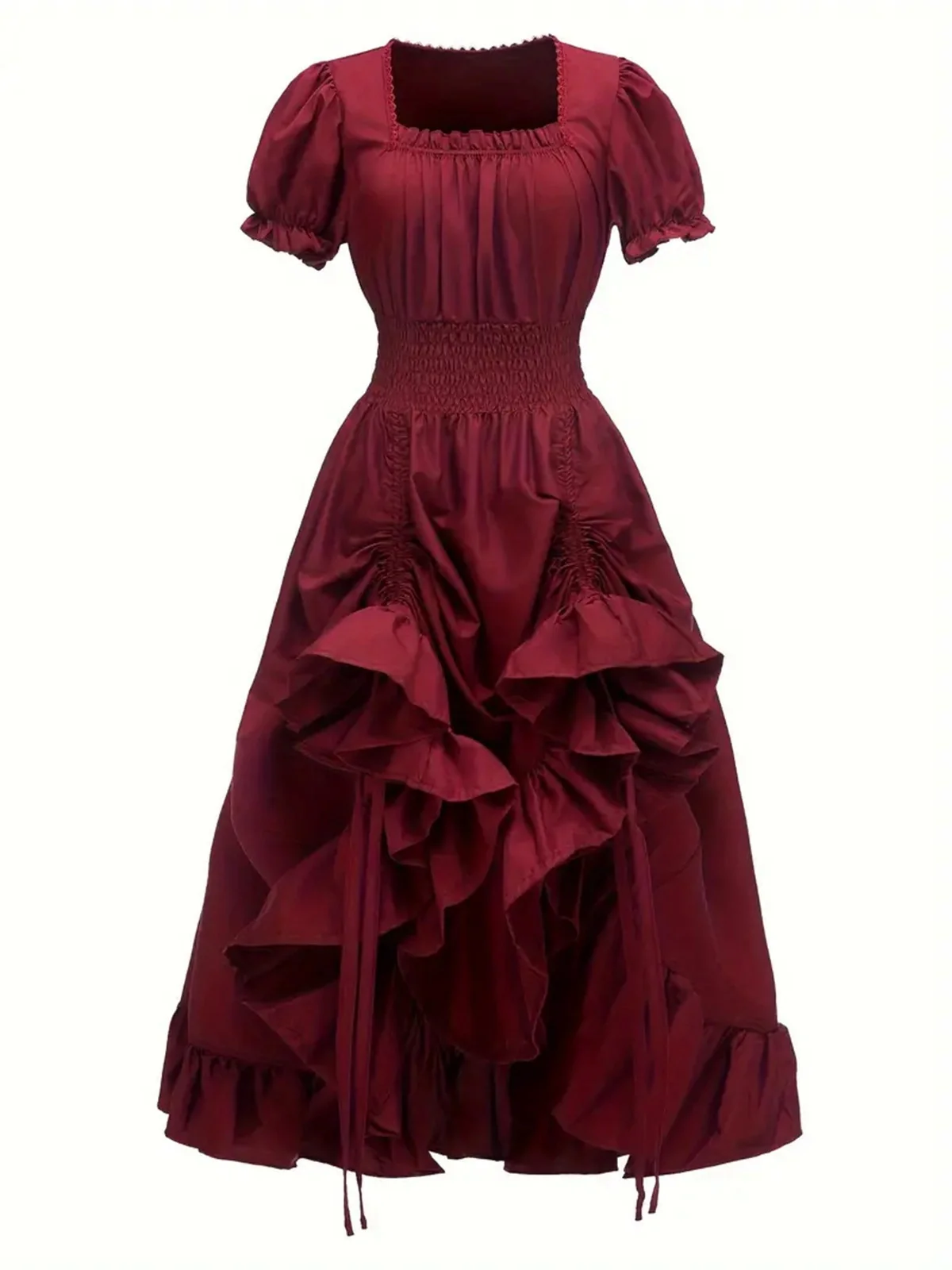1930s Square Neck Wrinkles Puff Sleeves Dress - Image 4