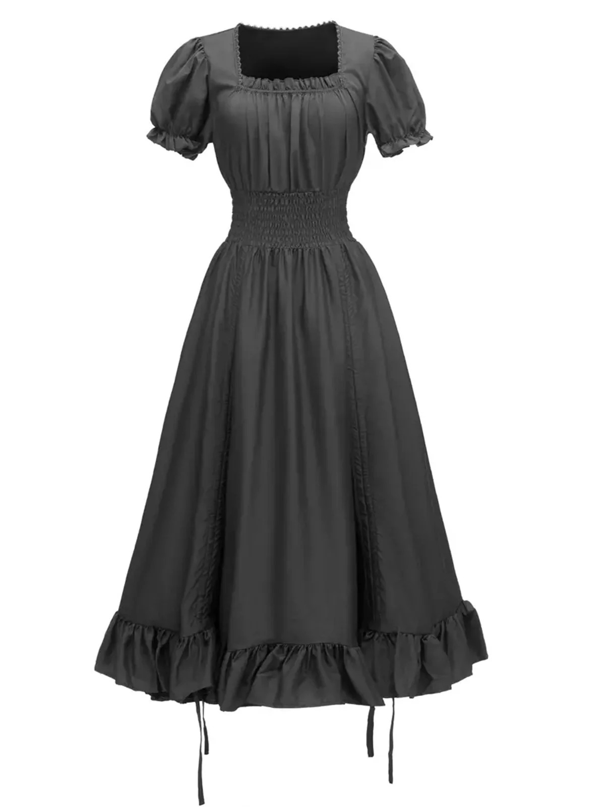1930s Square Neck Wrinkles Puff Sleeves Dress - Image 5
