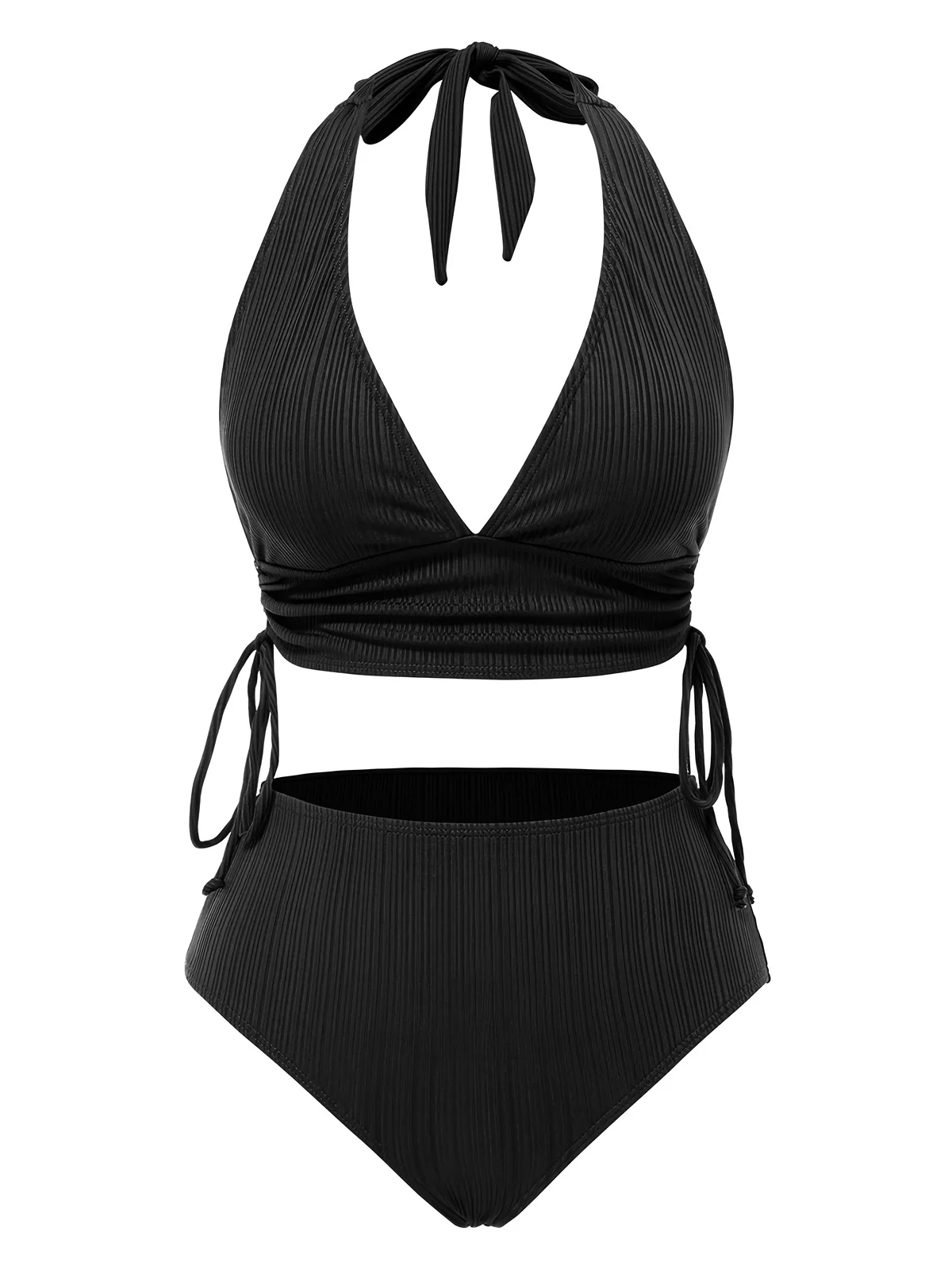 1930s Textured Fabric Solid Halter Lace-Up Swimsuit - Image 4