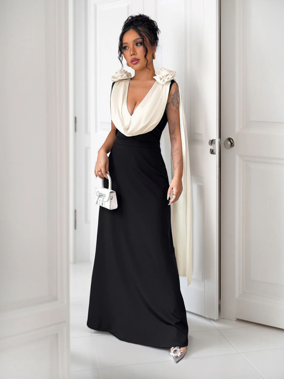 1930s V-Neck Colorblock 3D Roses Cape Dress - Image 4