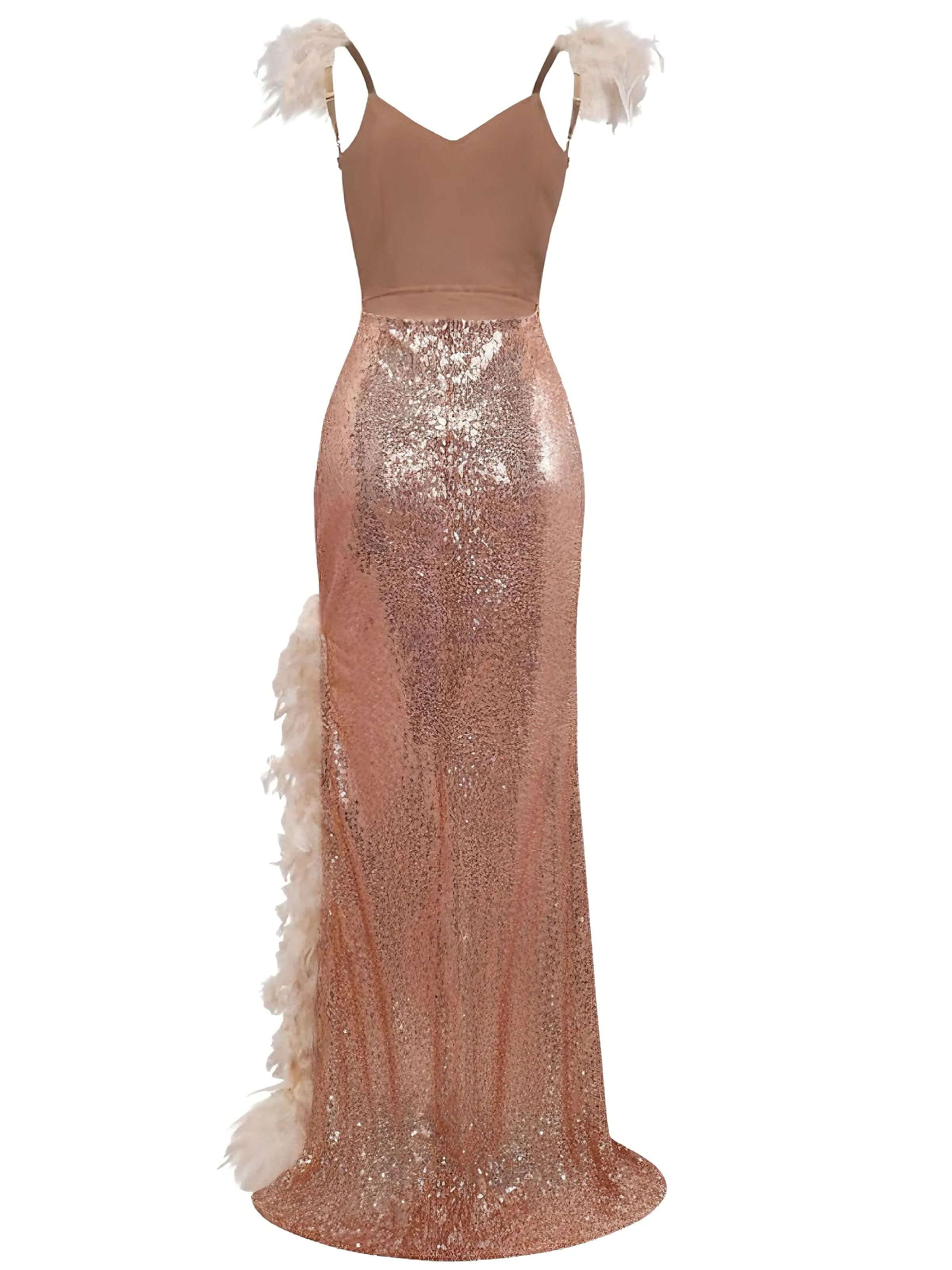 1930s V-Neck Feather Strap High Slit Sequined Dress - Image 2