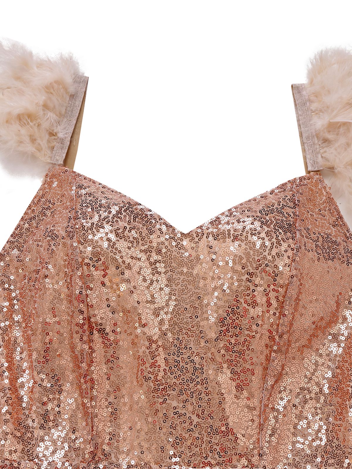 1930s V-Neck Feather Strap High Slit Sequined Dress - Image 3