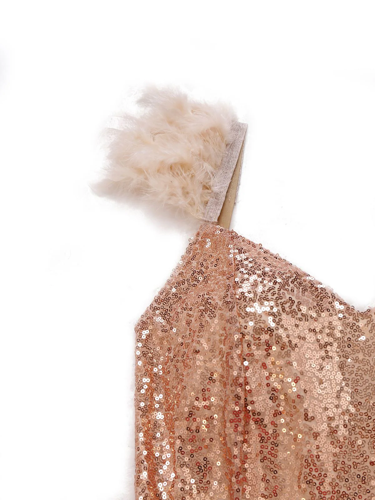 1930s V-Neck Feather Strap High Slit Sequined Dress - Image 4