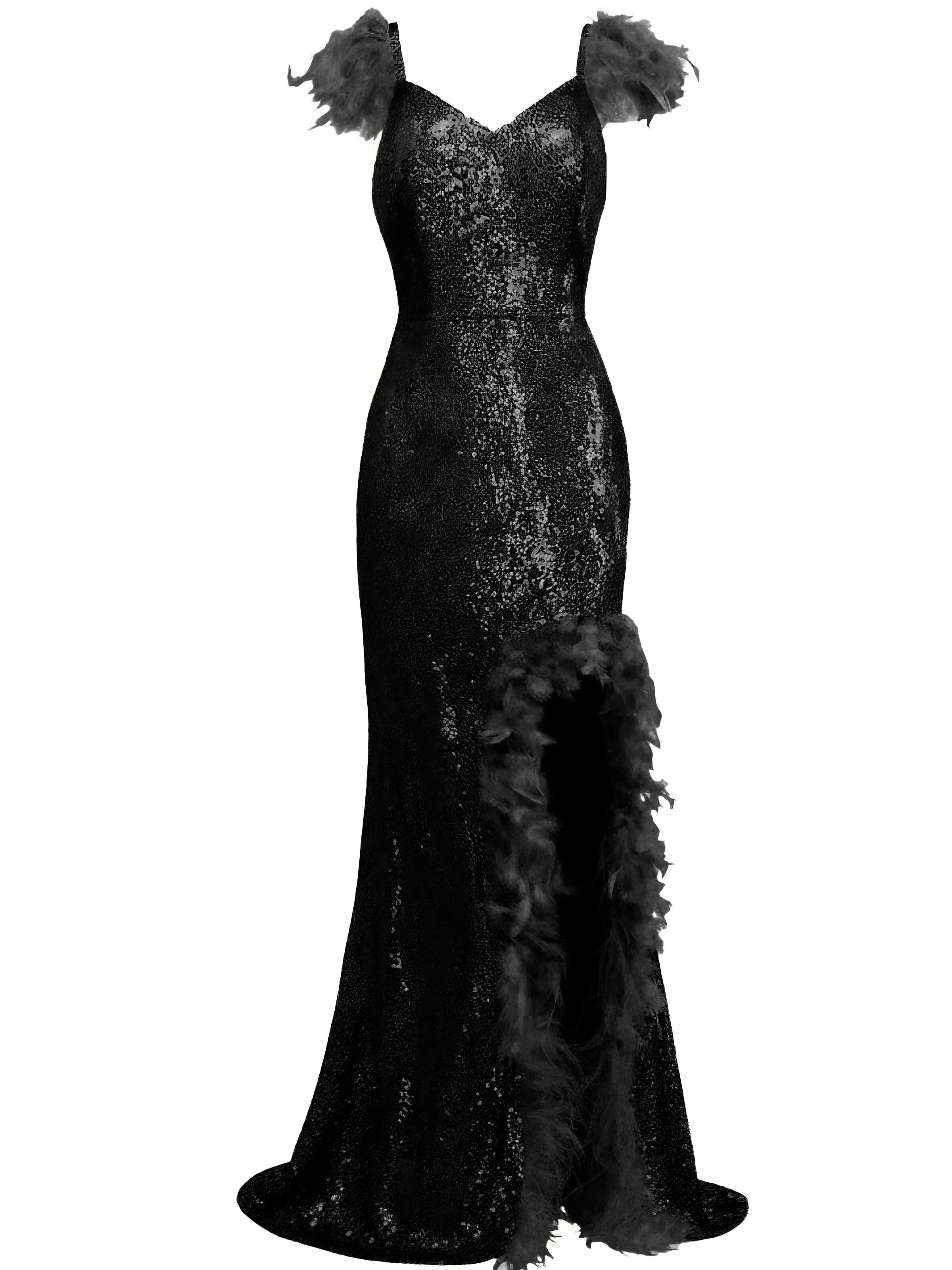 1930s V-Neck Feather Strap High Slit Sequined Dress - Image 6