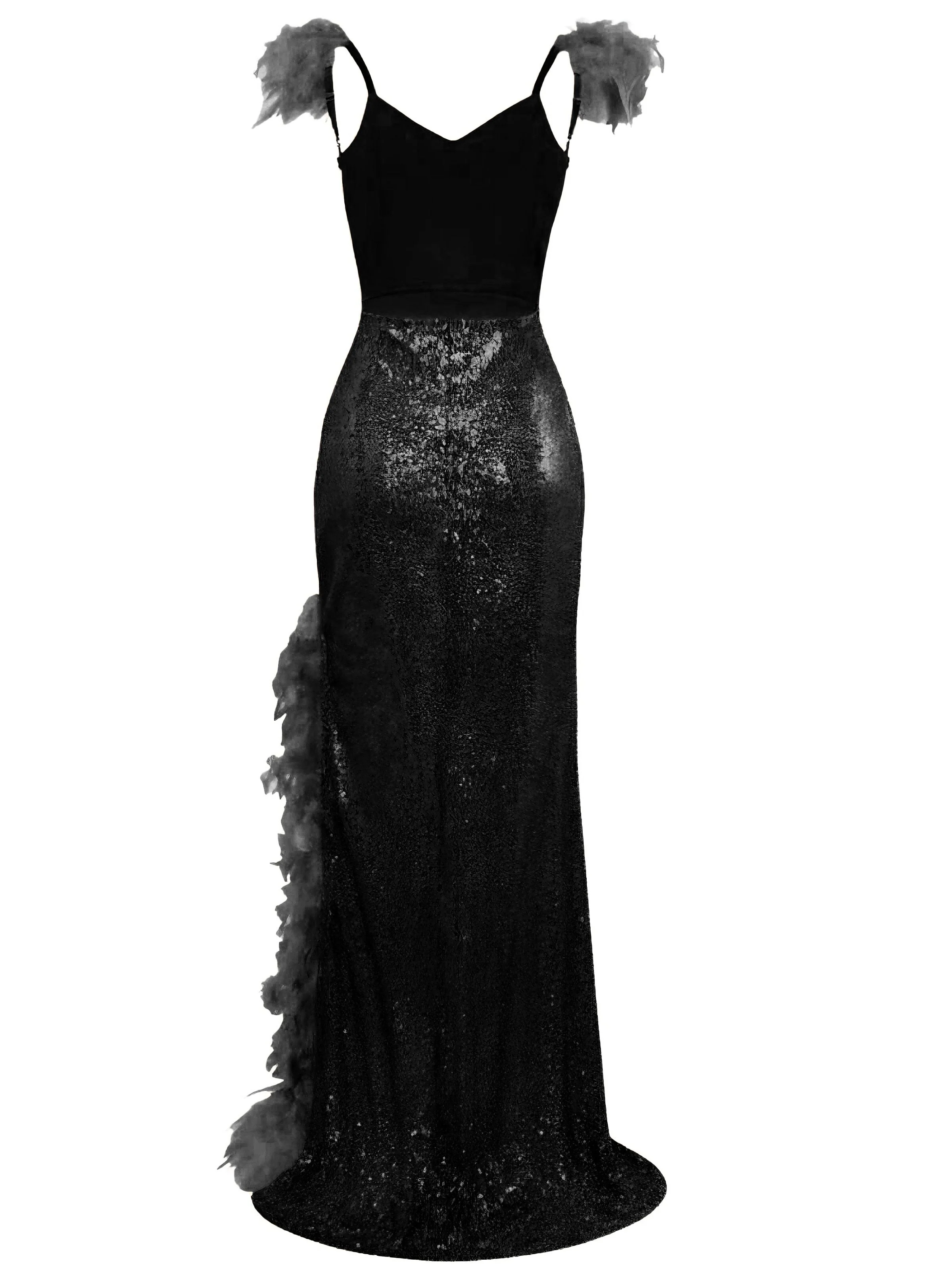 1930s V-Neck Feather Strap High Slit Sequined Dress - Image 7