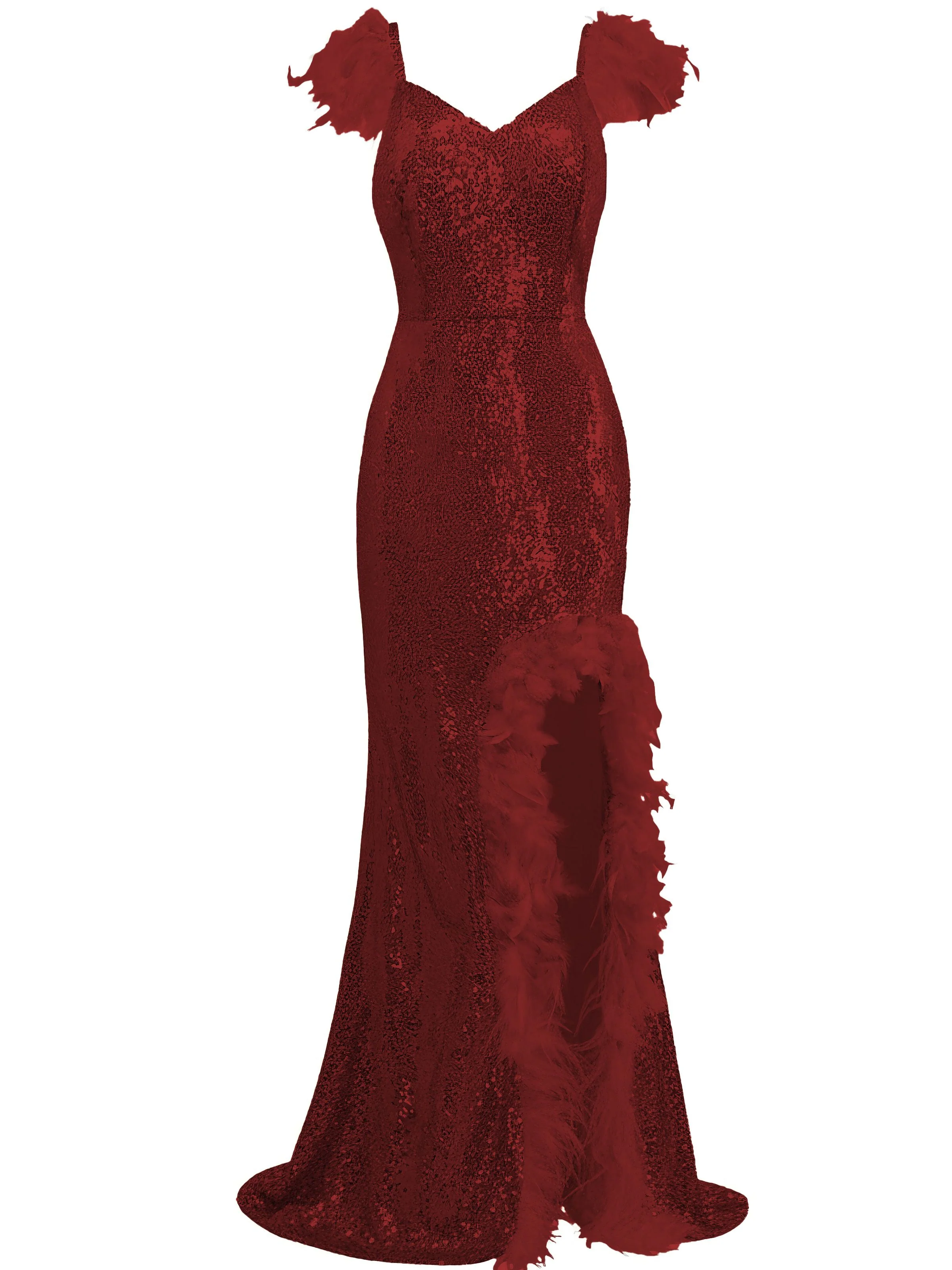 1930s V-Neck Feather Strap High Slit Sequined Dress - Image 8
