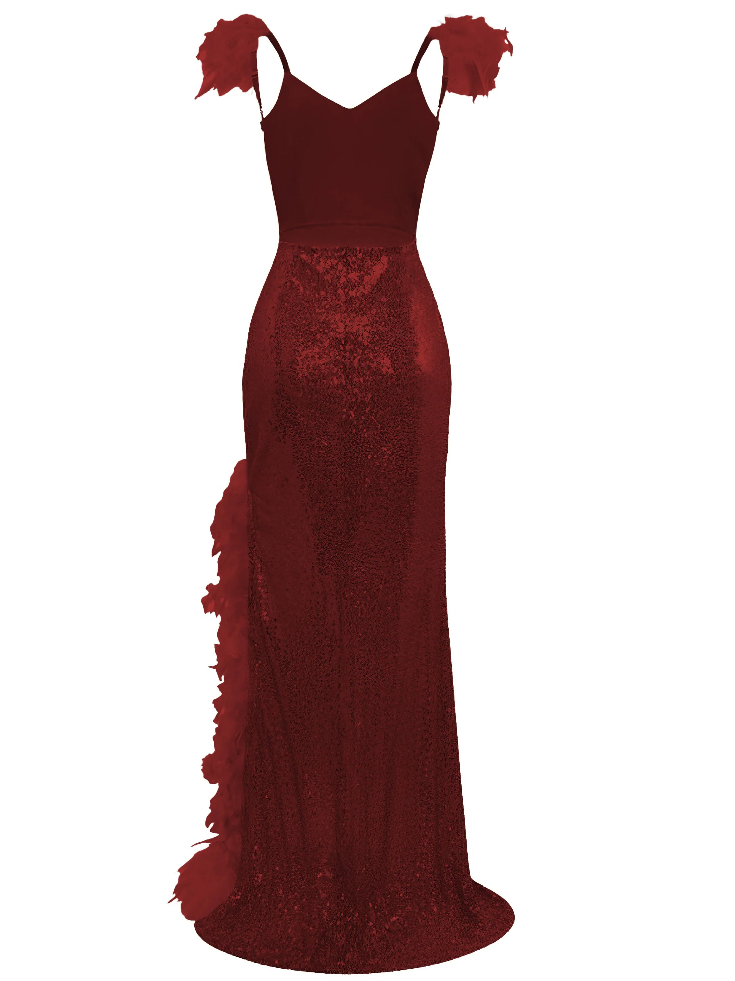 1930s V-Neck Feather Strap High Slit Sequined Dress - Image 9