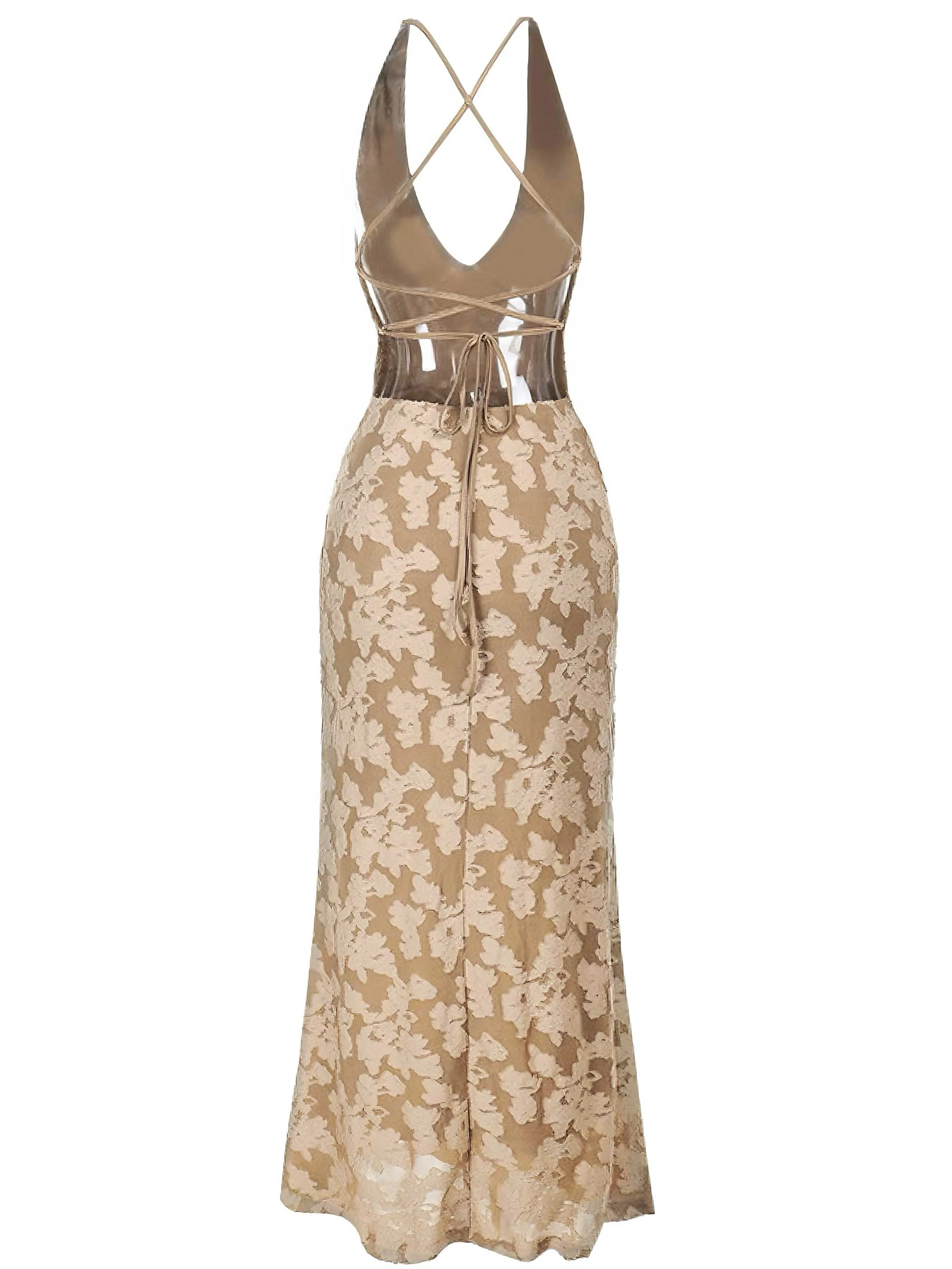 1930s V-Neck Jacquard Floral Backless Dress - Image 2