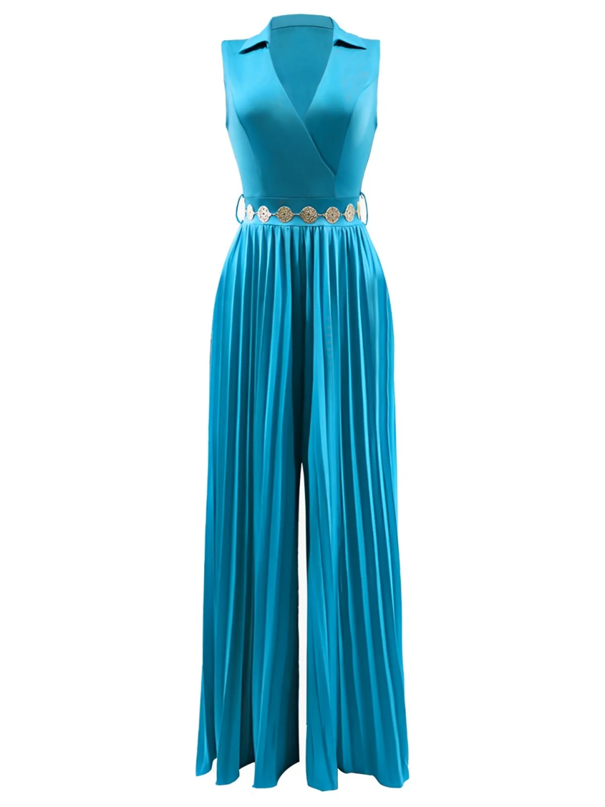 1930s V-Neck Lapel Pleated Wide-Leg Jumpsuit - Image 3