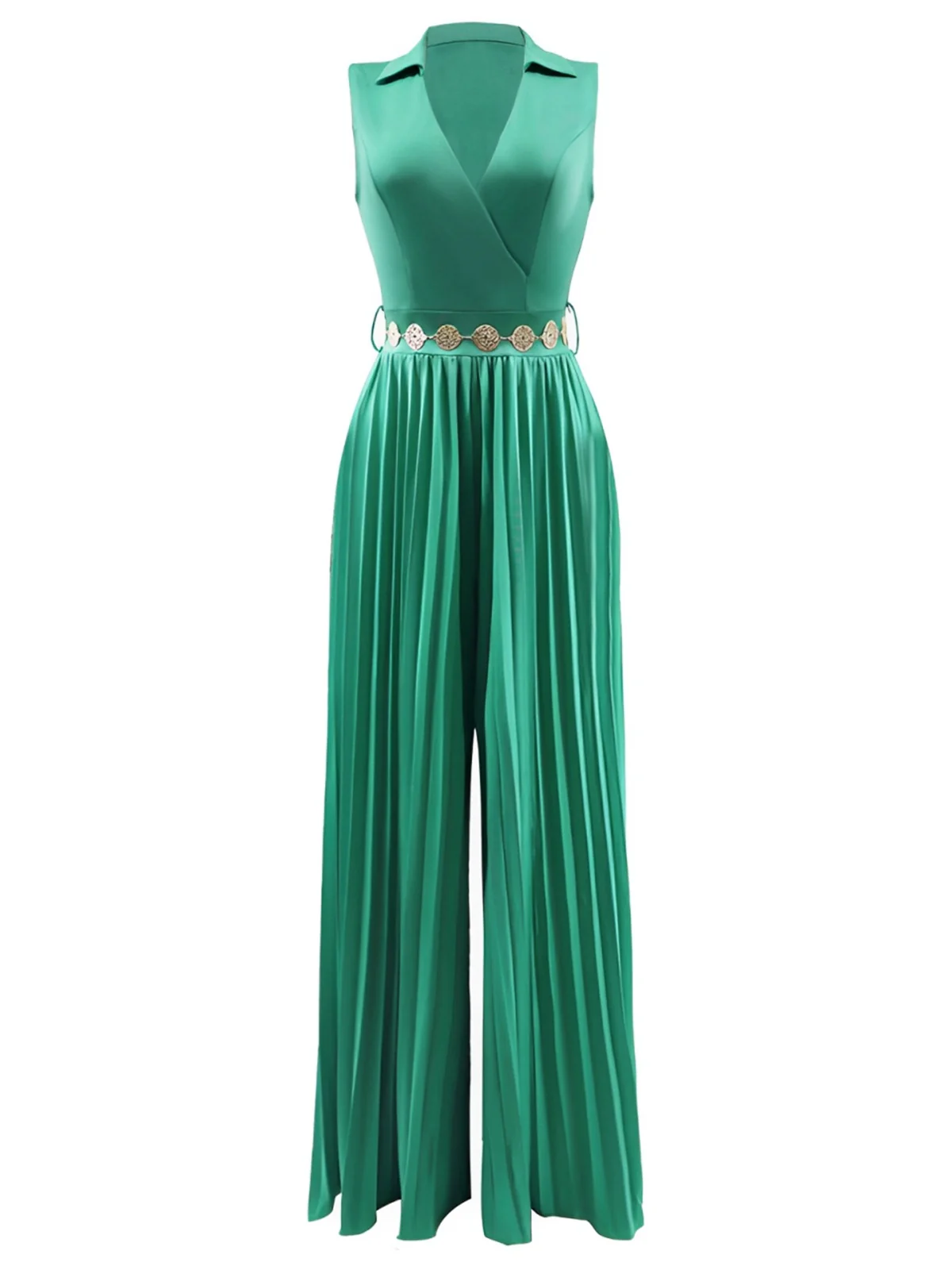 1930s V-Neck Lapel Pleated Wide-Leg Jumpsuit - Image 6
