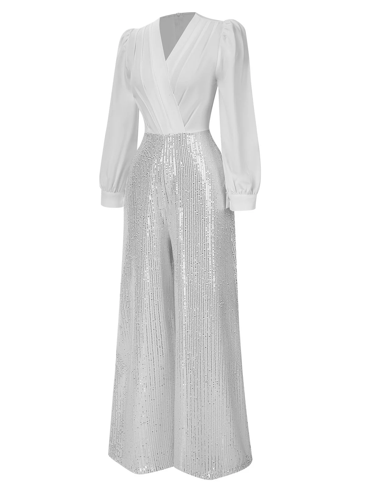 1930s V-Neck Puff Sleeve Sequins Wide-Leg Jumpsuit - Image 2