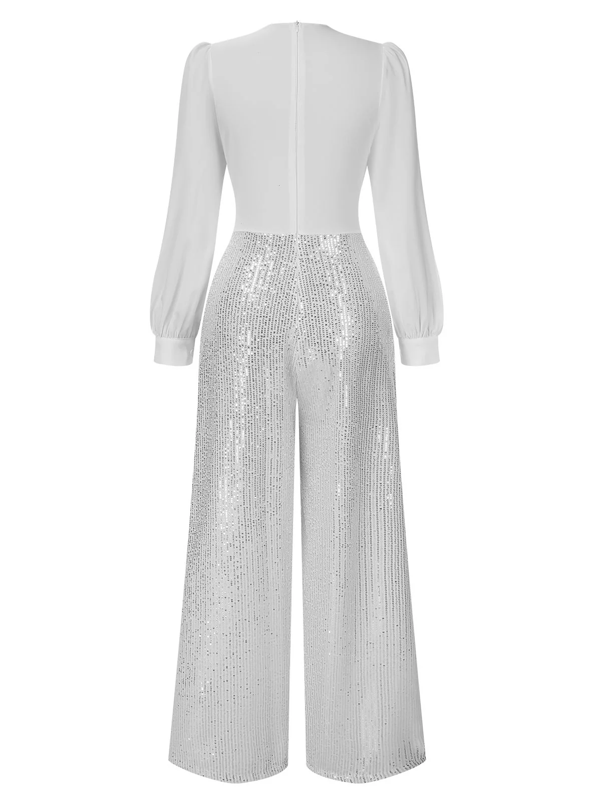 1930s V-Neck Puff Sleeve Sequins Wide-Leg Jumpsuit - Image 3