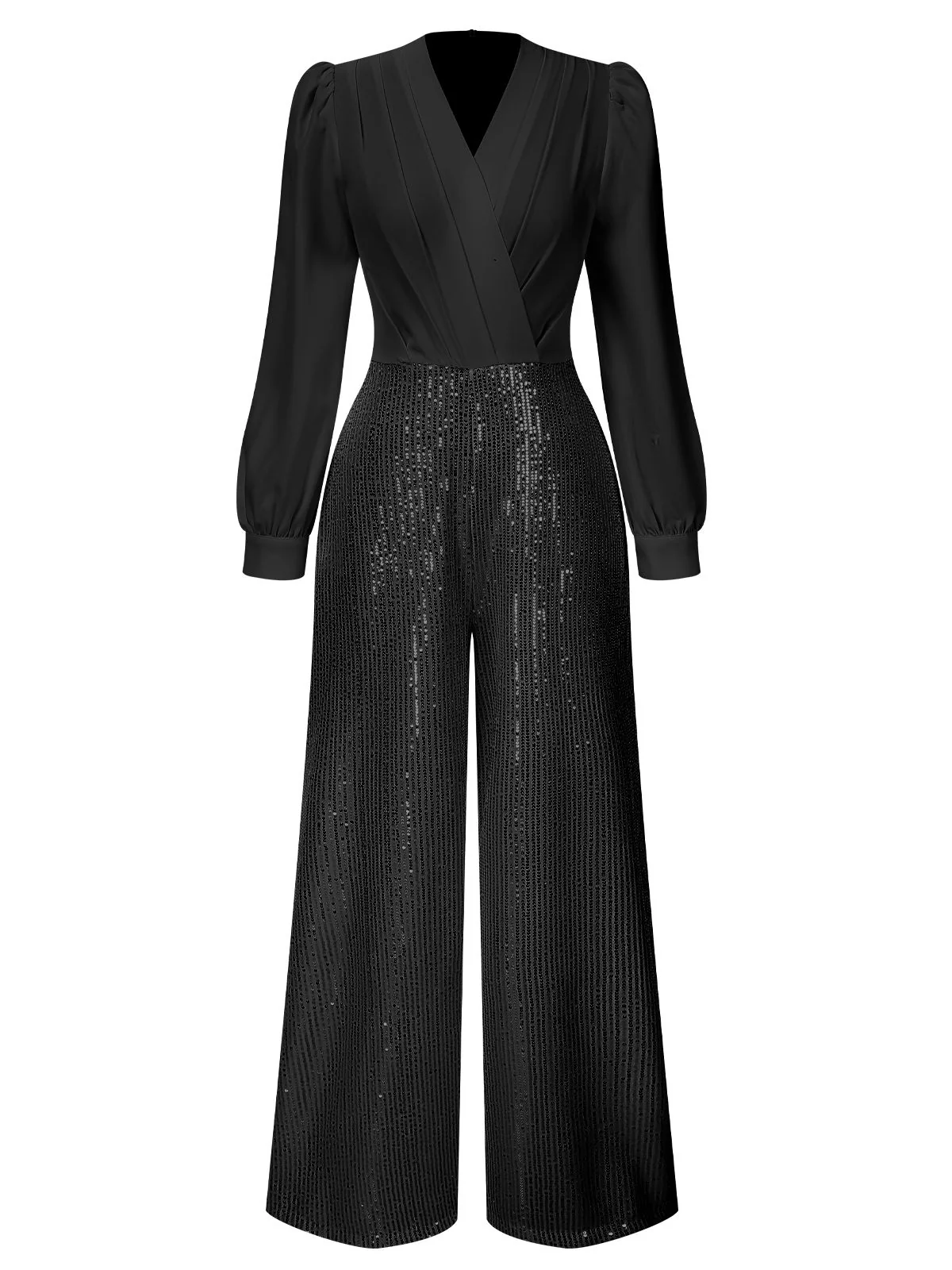1930s V-Neck Puff Sleeve Sequins Wide-Leg Jumpsuit - Image 4
