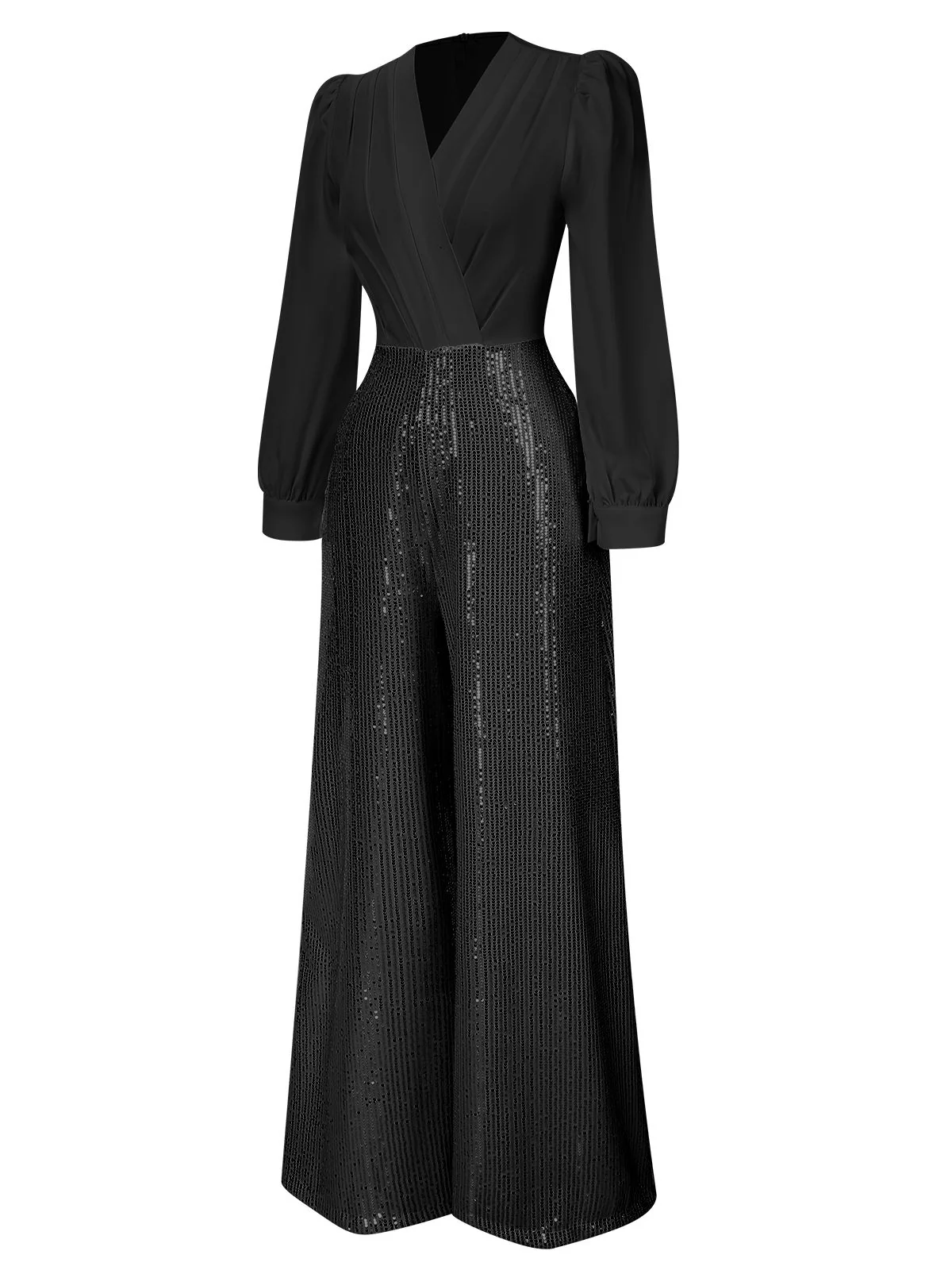 1930s V-Neck Puff Sleeve Sequins Wide-Leg Jumpsuit - Image 5