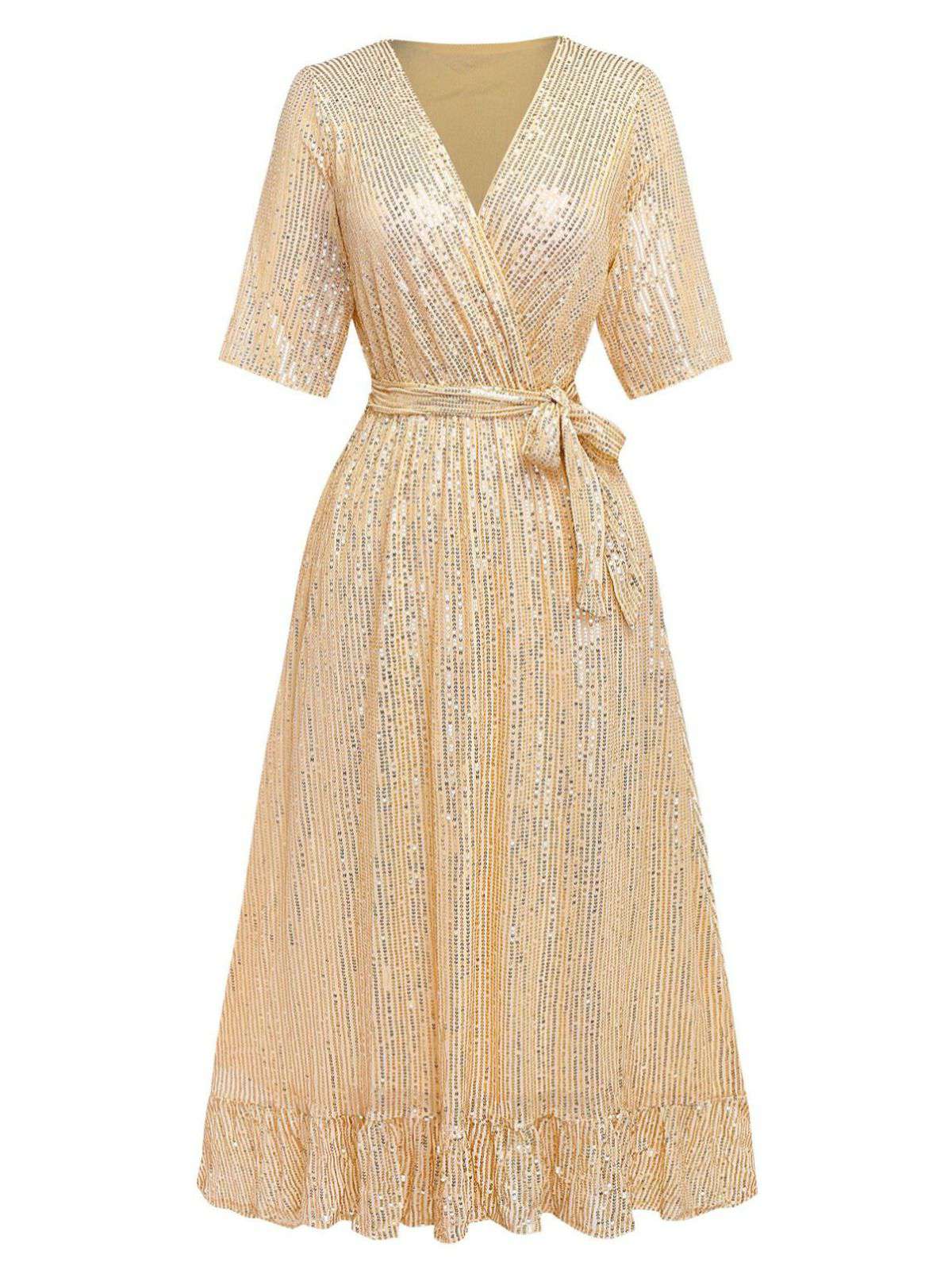 1930s V-Neck Sequined Ruffled Hem Dress - Image 2