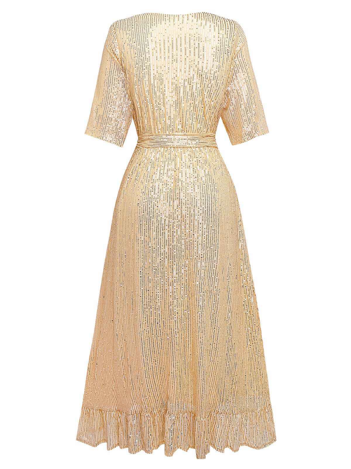 1930s V-Neck Sequined Ruffled Hem Dress - Image 3