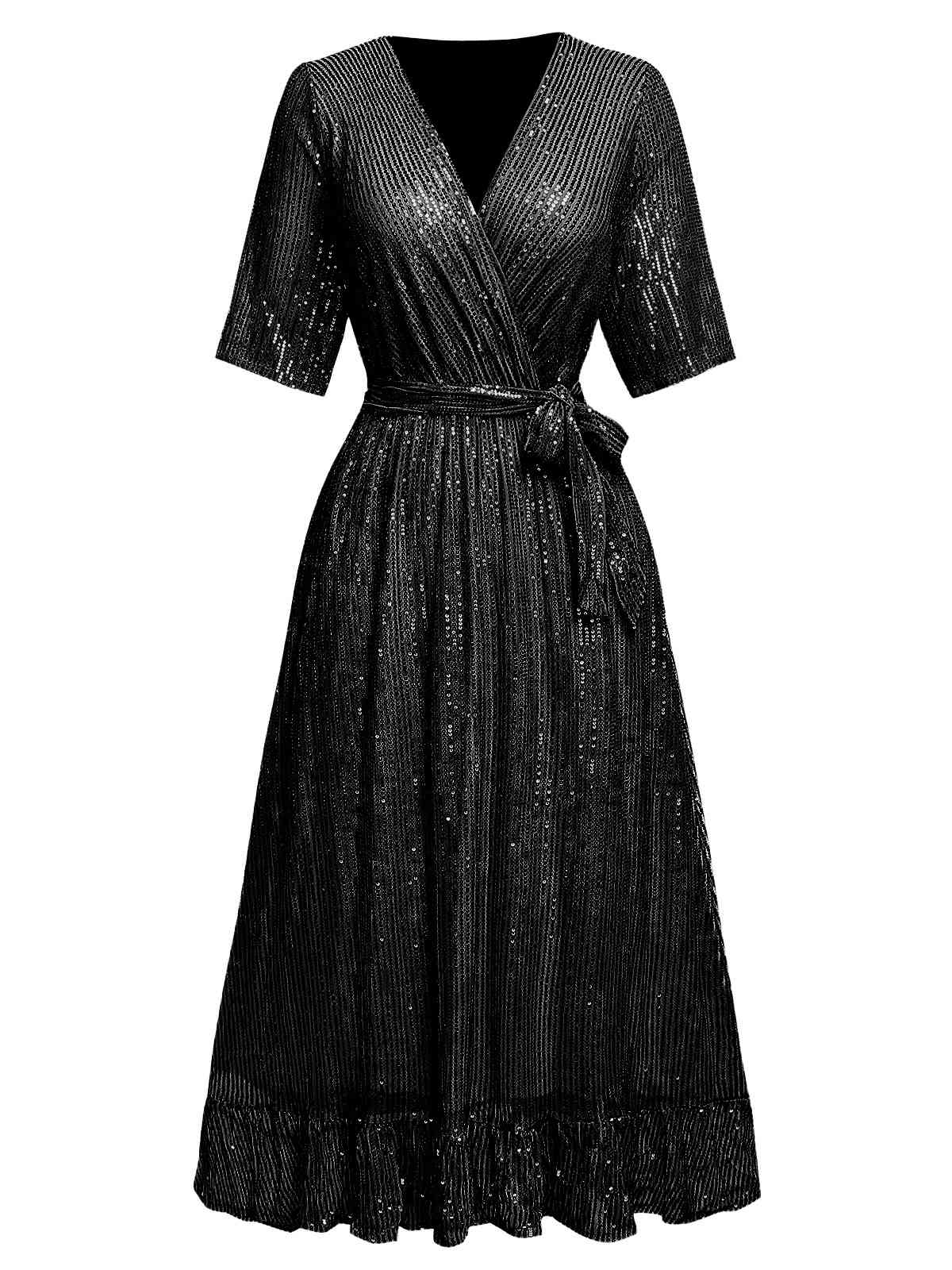 1930s V-Neck Sequined Ruffled Hem Dress - Image 8