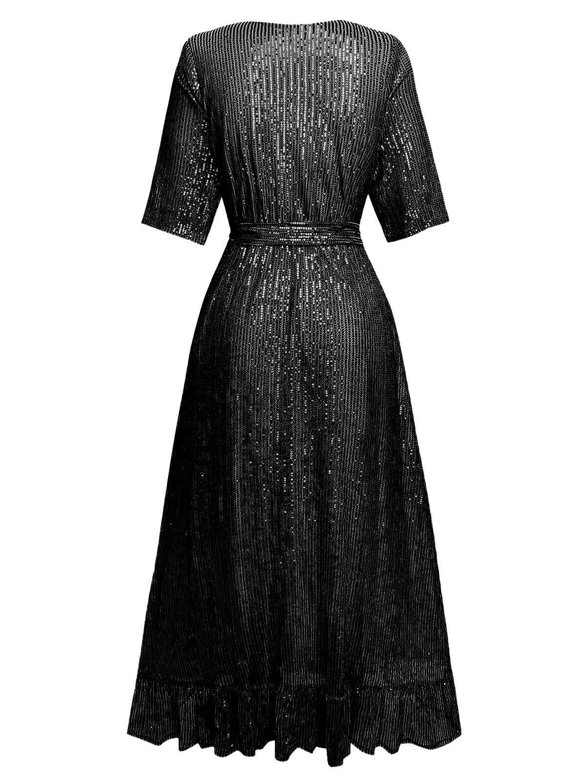 1930s V-Neck Sequined Ruffled Hem Dress - Image 9