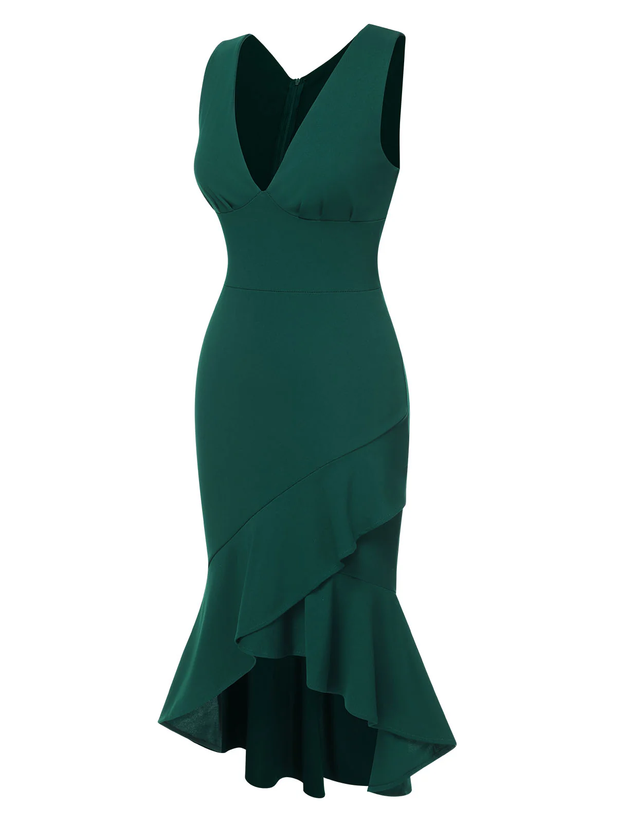 1930s V-Neck Solid Fishtail Bodycon Dress - Image 10