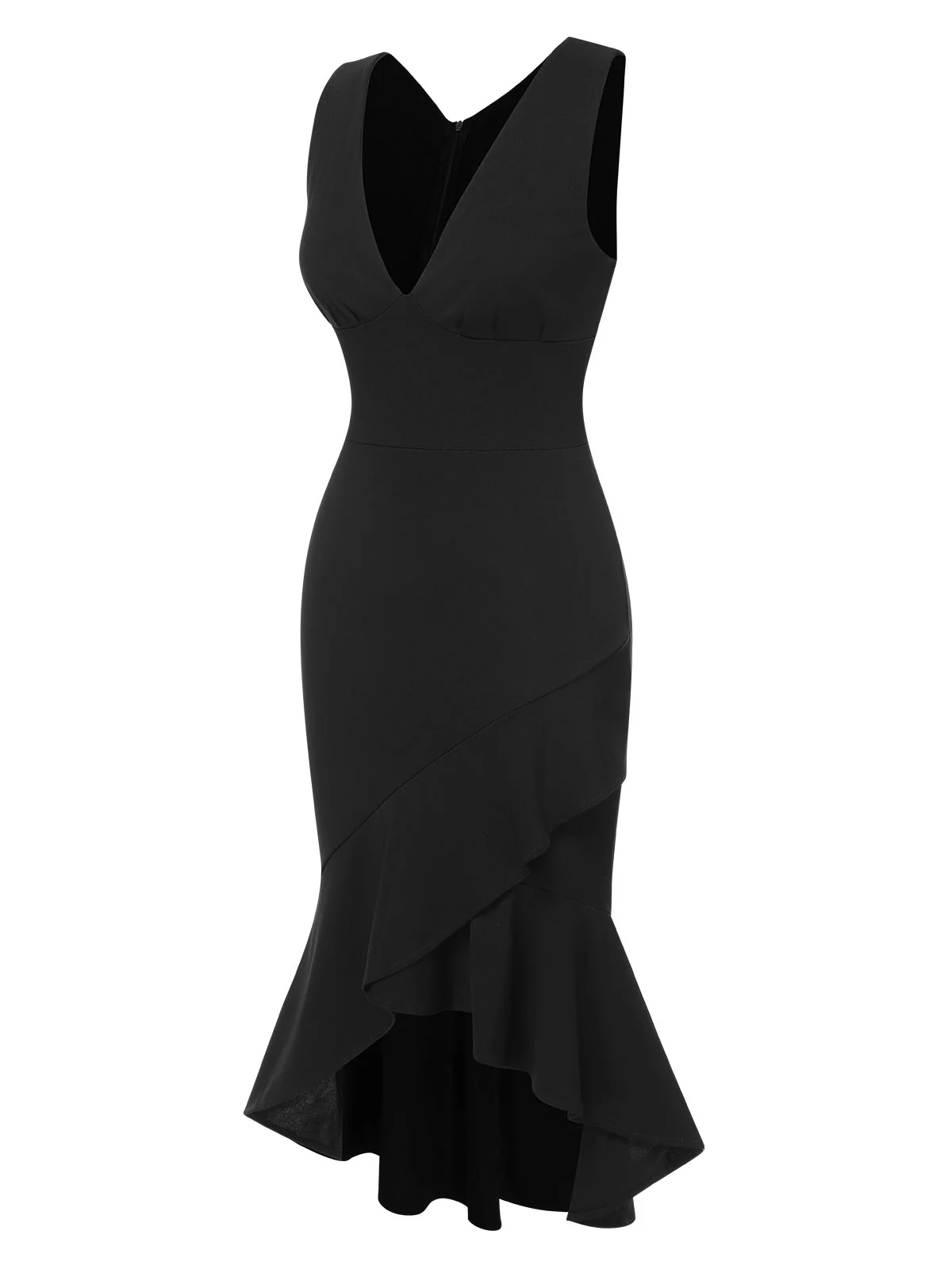 1930s V-Neck Solid Fishtail Bodycon Dress - Image 2
