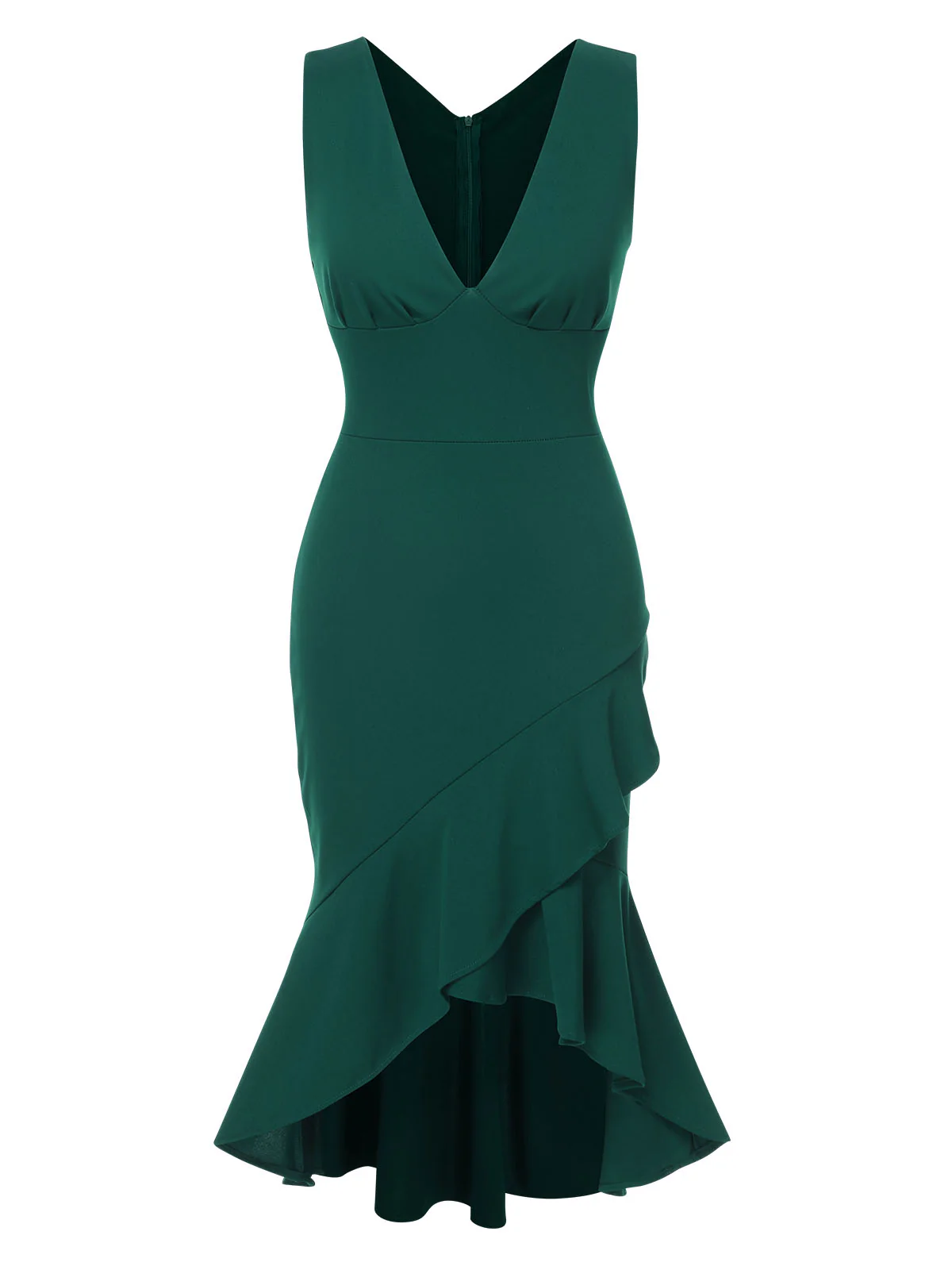 1930s V-Neck Solid Fishtail Bodycon Dress - Image 9