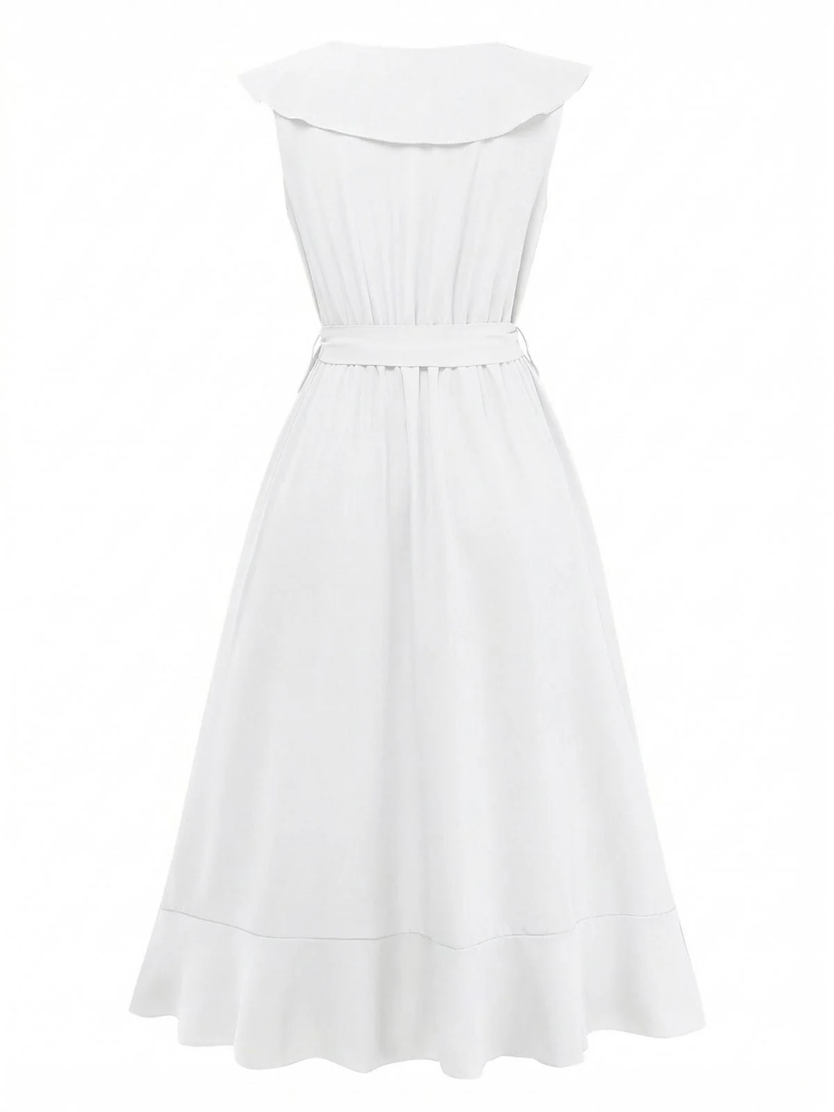 1930s V-Neck Solid Ruffled Hem Tie-Up Dress - Image 10