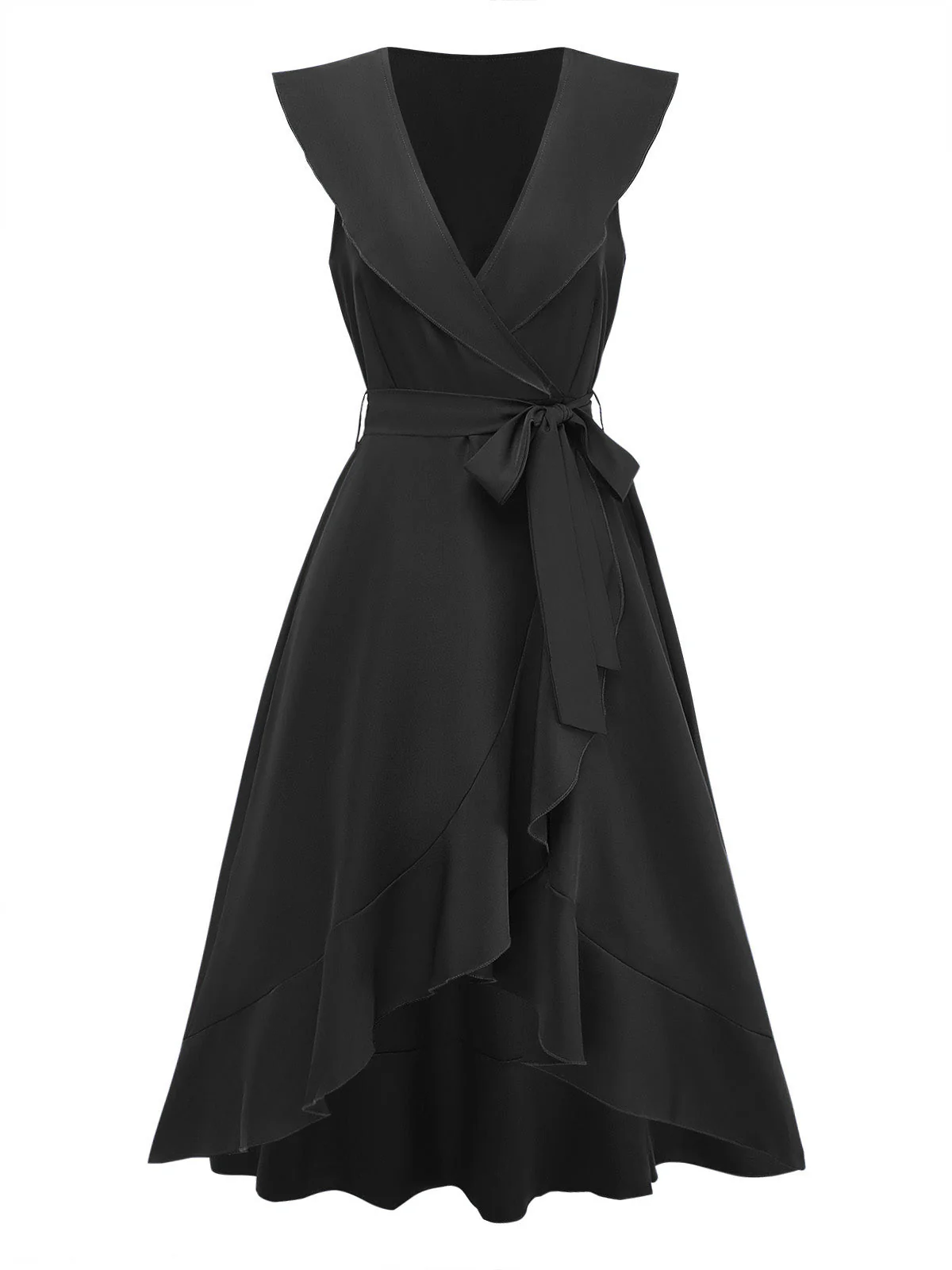 1930s V-Neck Solid Ruffled Hem Tie-Up Dress - Image 11