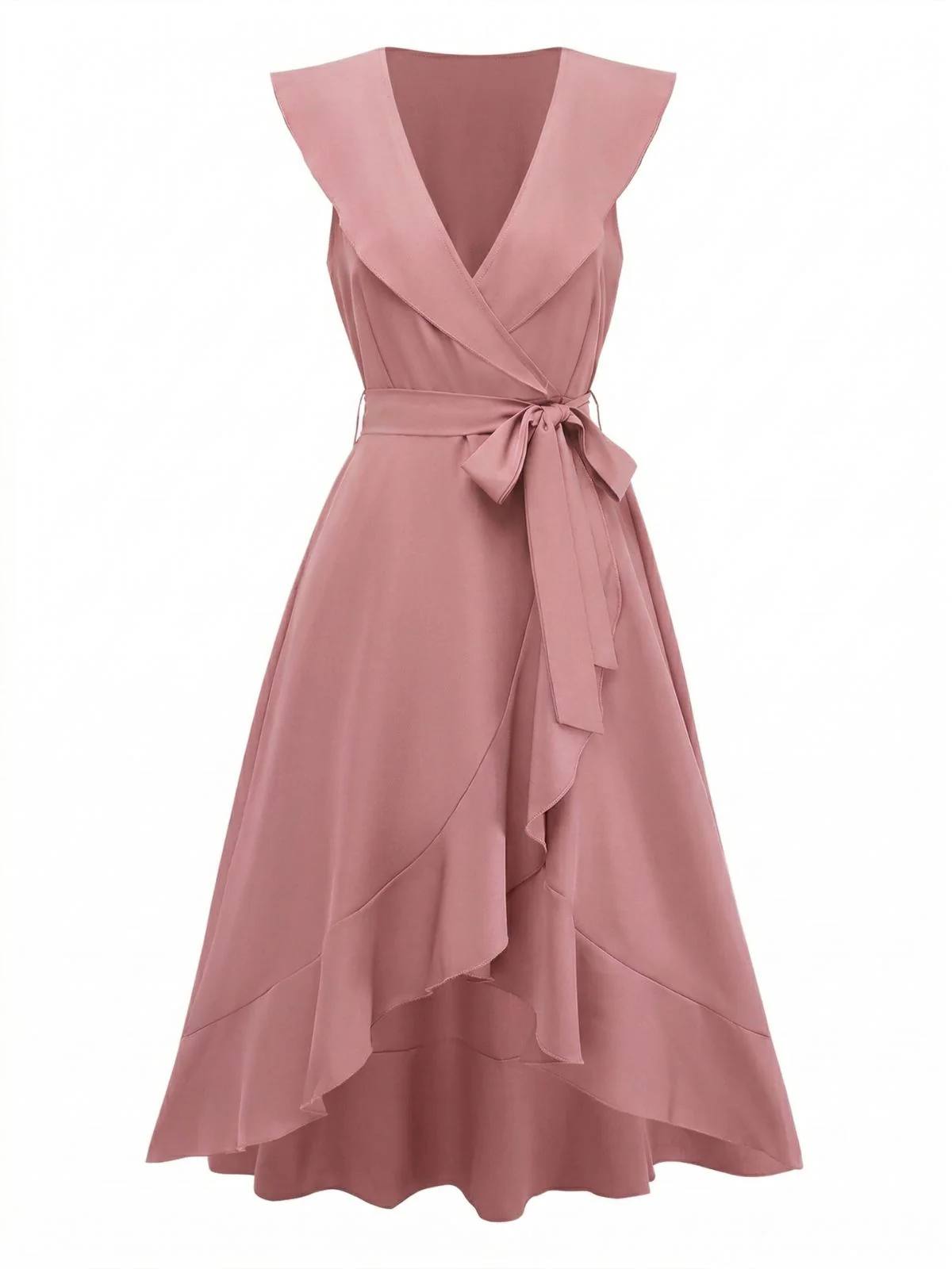 1930s V-Neck Solid Ruffled Hem Tie-Up Dress - Image 2
