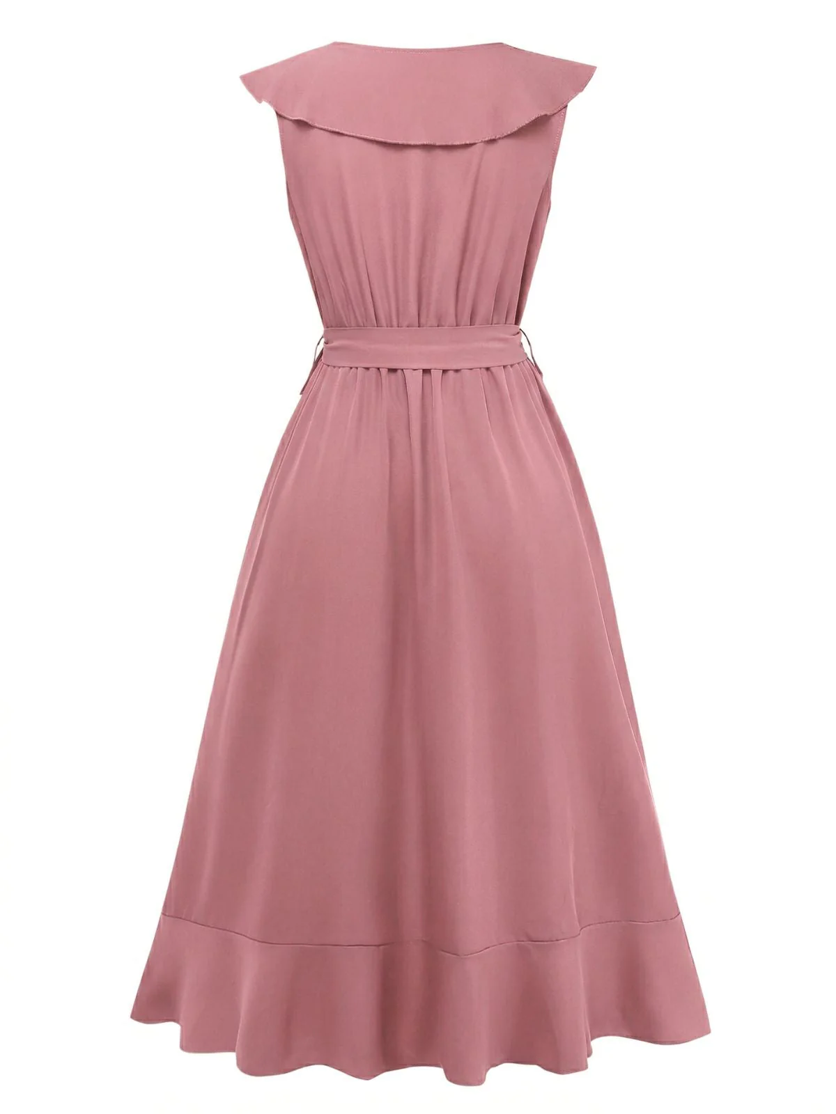 1930s V-Neck Solid Ruffled Hem Tie-Up Dress - Image 3
