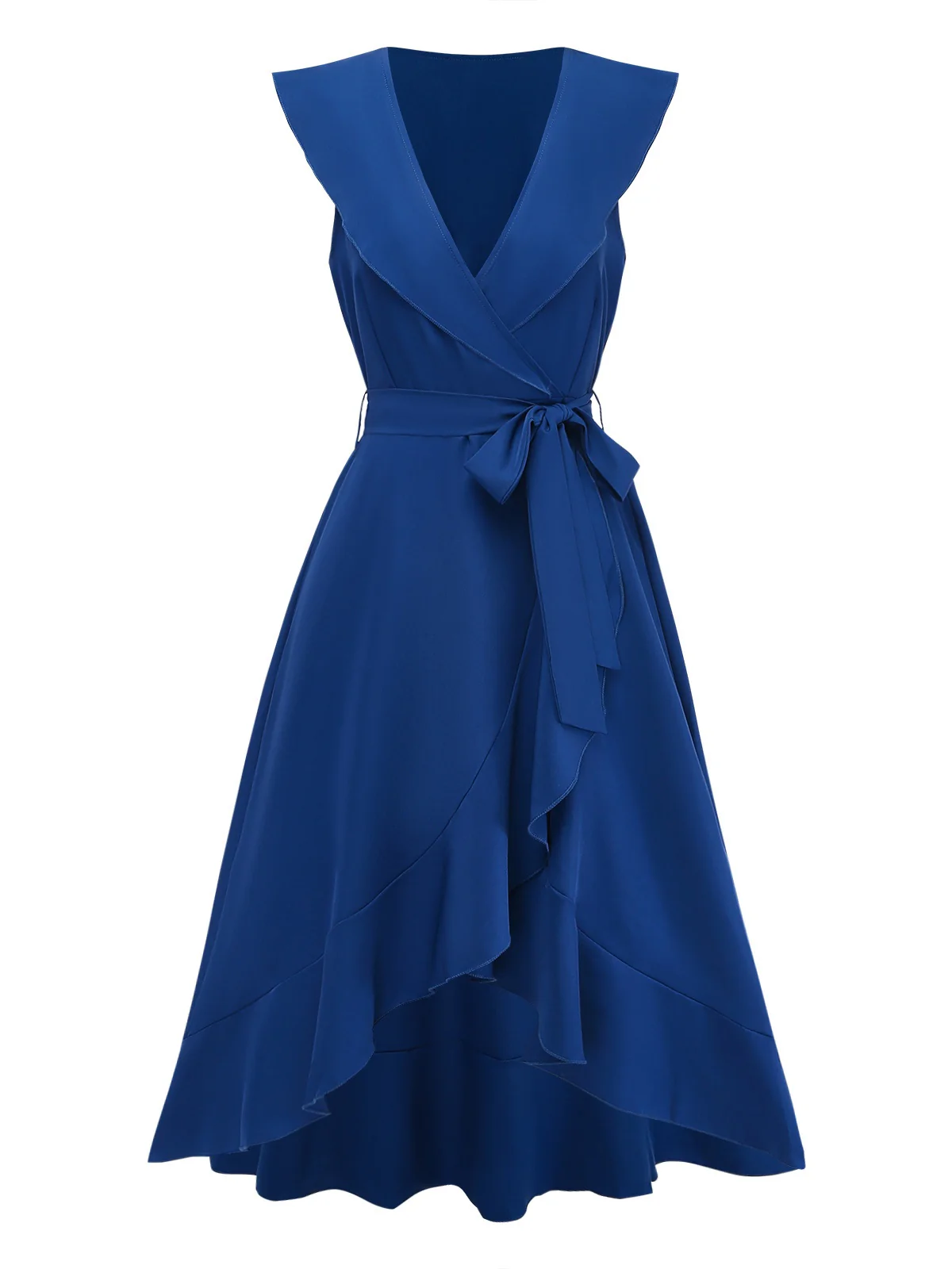 1930s V-Neck Solid Ruffled Hem Tie-Up Dress - Image 4