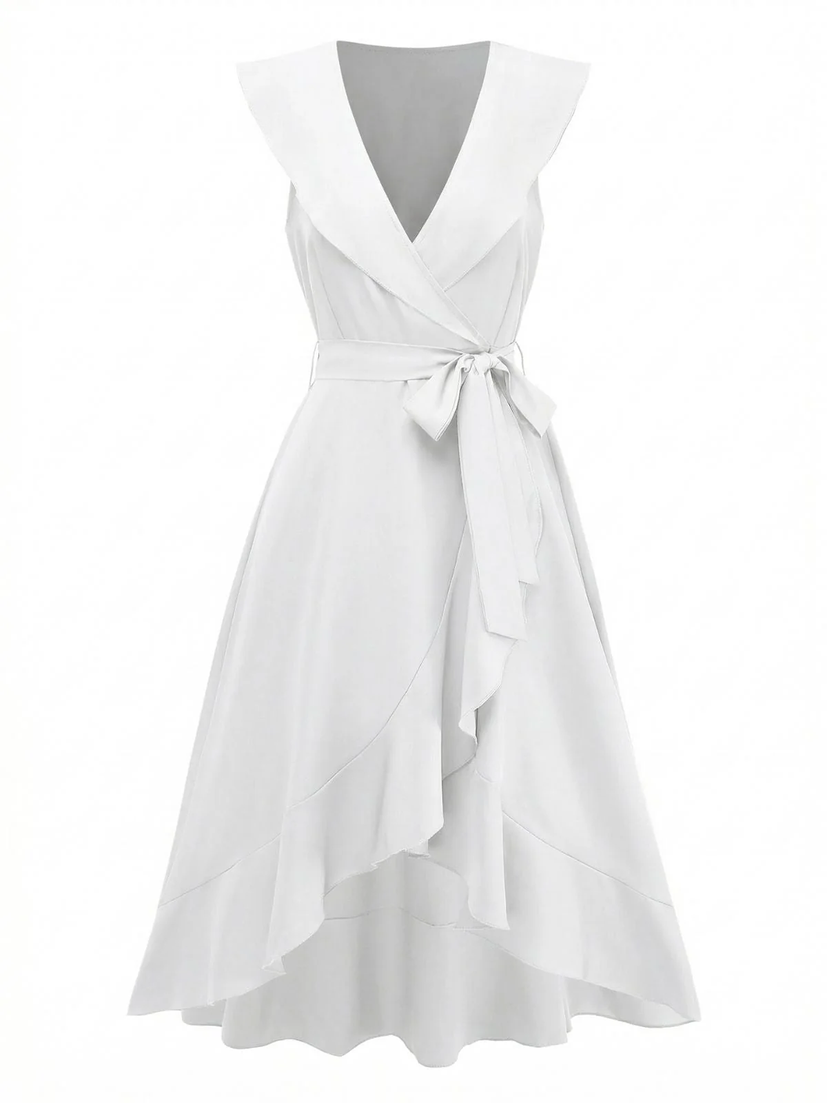 1930s V-Neck Solid Ruffled Hem Tie-Up Dress - Image 9