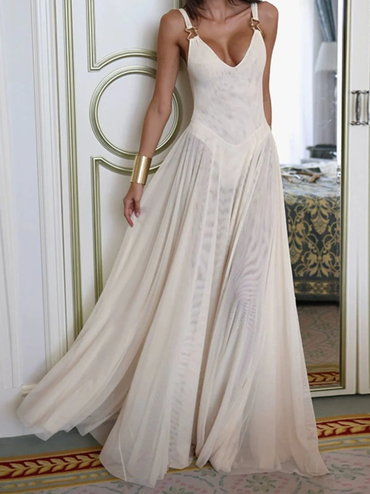 1930s V-Neck Strappy Mesh Flowing Maxi Dress - Image 2